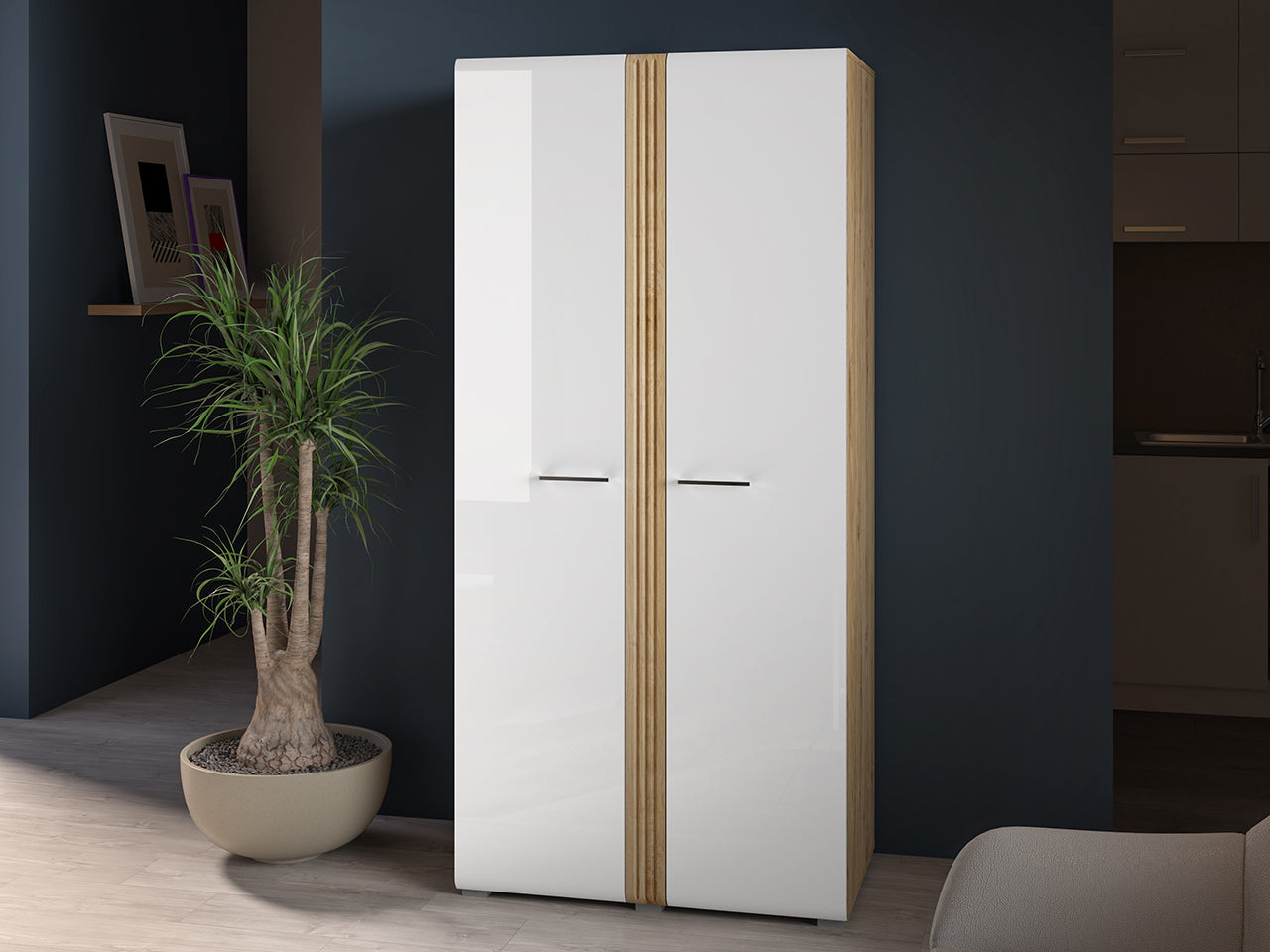 Armoire Moderne en Chêne Castello et MDF Blanc Brillant – Durabilité et Élégance avec Bordure ABS|Offre Limitée|Decora Home