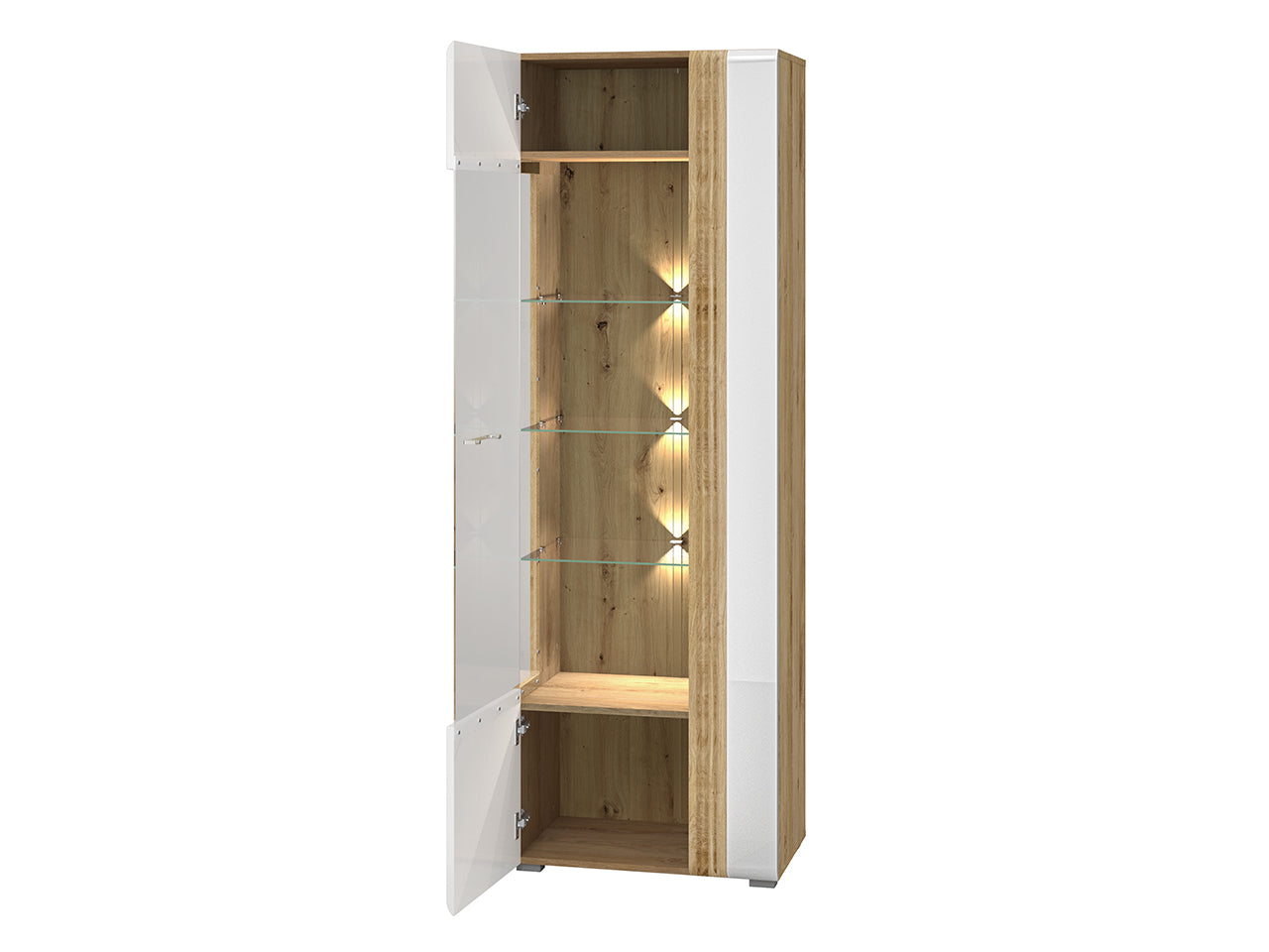 Vitrine Contemporaine en Chêne Castello et MDF Blanc Brillant avec Rétroéclairage - Decora Home