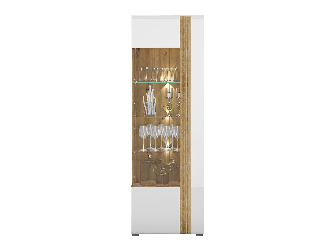 Vitrine Contemporaine en Chêne Castello et MDF Blanc Brillant avec Rétroéclairage - Decora Home