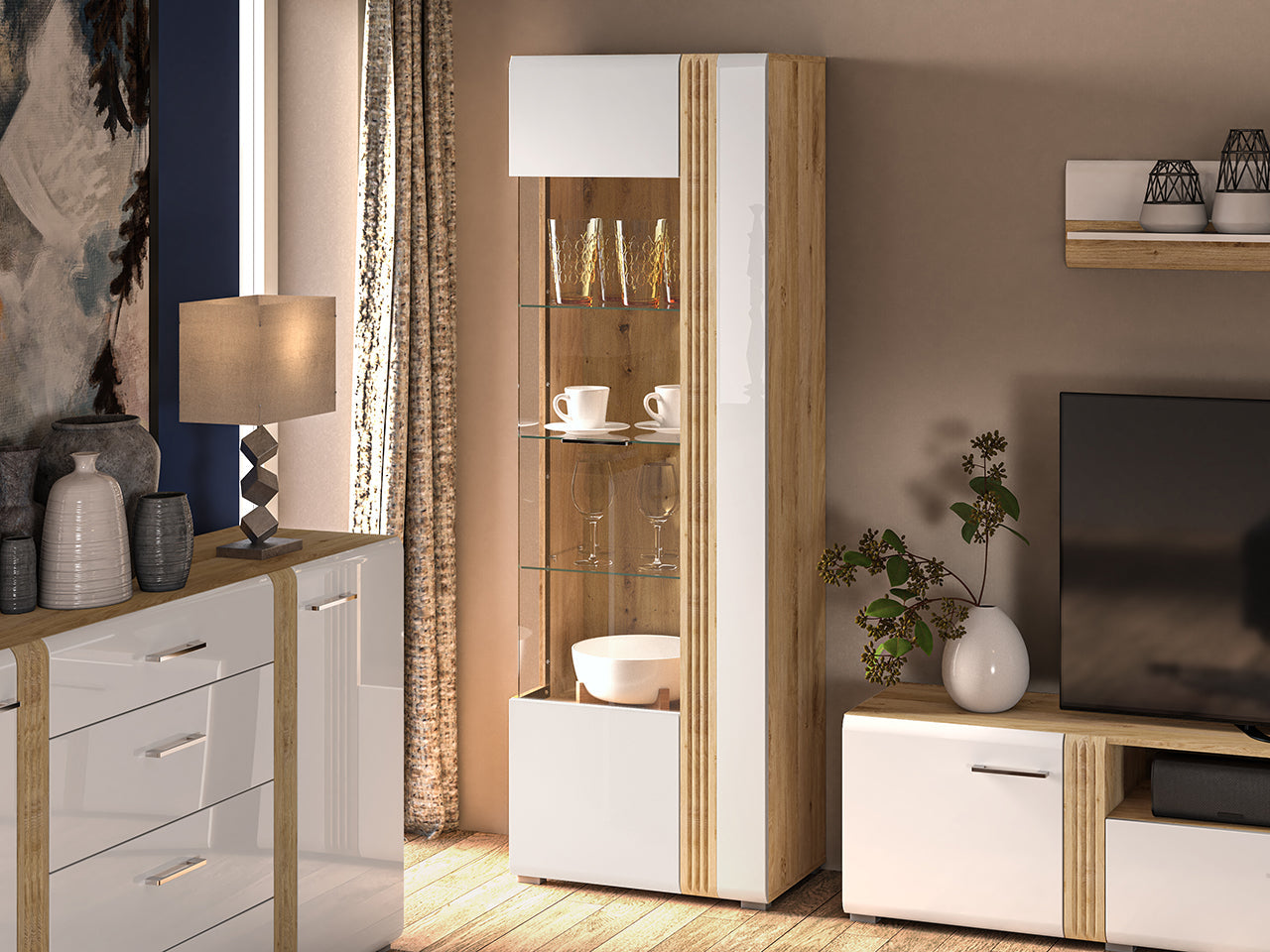 Vitrine Contemporaine en Chêne Castello et MDF Blanc Brillant avec Rétroéclairage|Offre Limitée|Decora Home