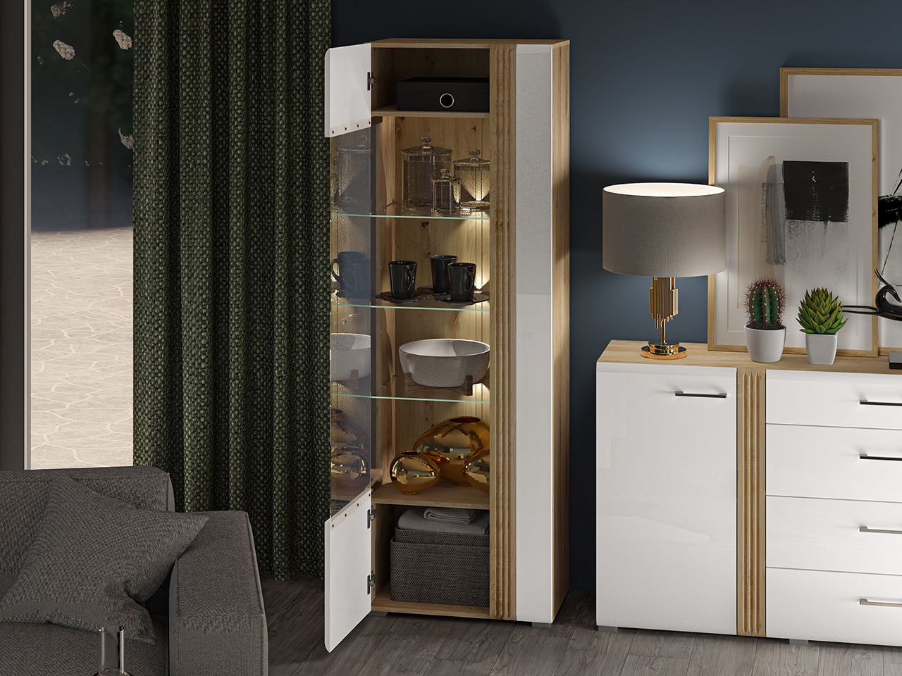 Vitrine Contemporaine en Chêne Castello et MDF Blanc Brillant avec Rétroéclairage - Decora Home