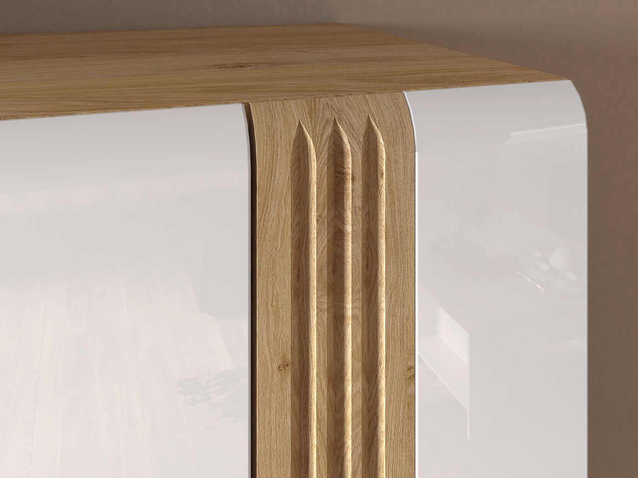 Vitrine Contemporaine en Chêne Castello et MDF Blanc Brillant avec Rétroéclairage - Decora Home