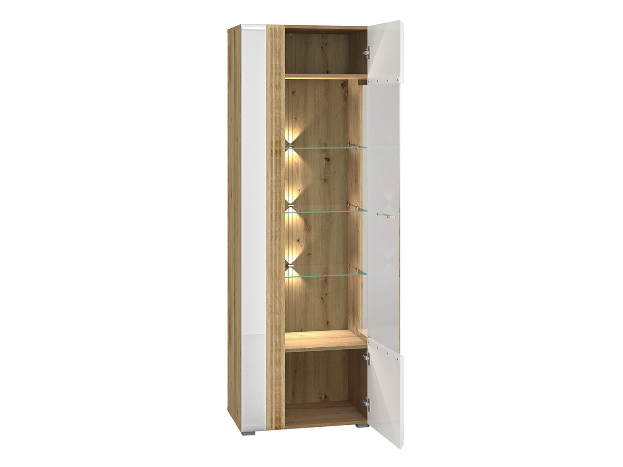 Vitrine Contemporaine en Chêne Castello et MDF Blanc Brillant avec Rétroéclairage - Decora Home