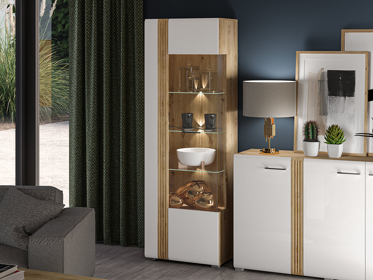 Vitrine Contemporaine en Chêne Castello et MDF Blanc Brillant avec Rétroéclairage - Decora Home