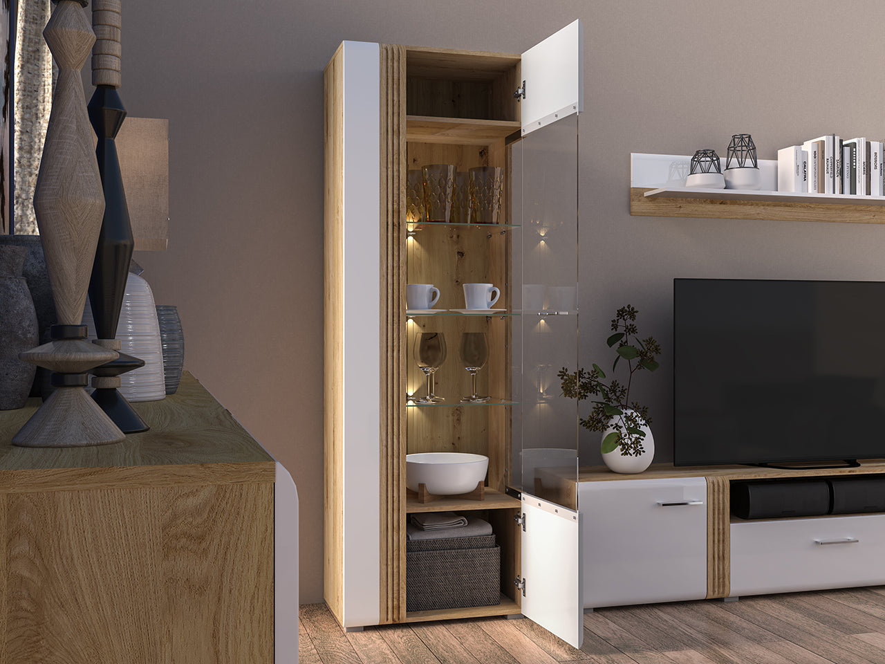Vitrine Contemporaine en Chêne Castello et MDF Blanc Brillant avec Rétroéclairage - Decora Home