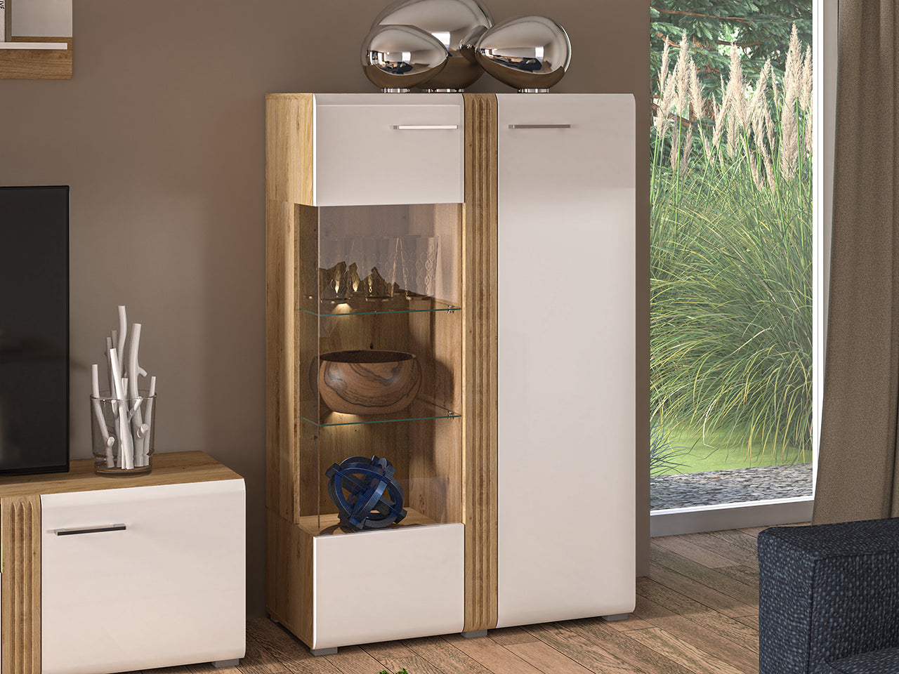 Vitrine Basse en Chêne Castello & Blanc Brillant – Élégance et Robustesse|Offre Limitée|Decora Home