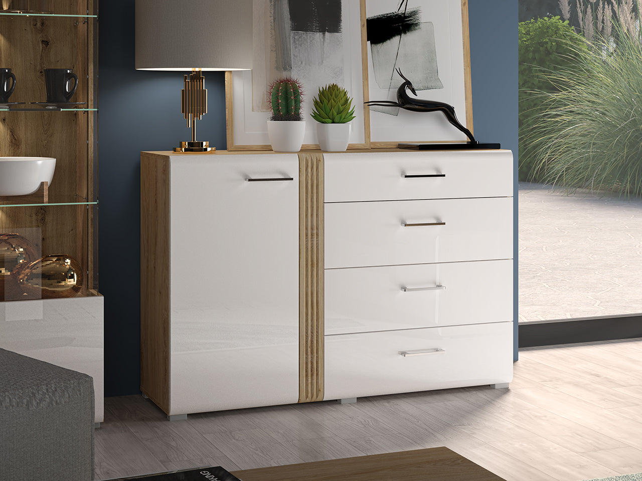 Buffet moderne Chêne Castello & Blanc Brillant – Élégance et praticité réunies|Offre Limitée|Decora Home