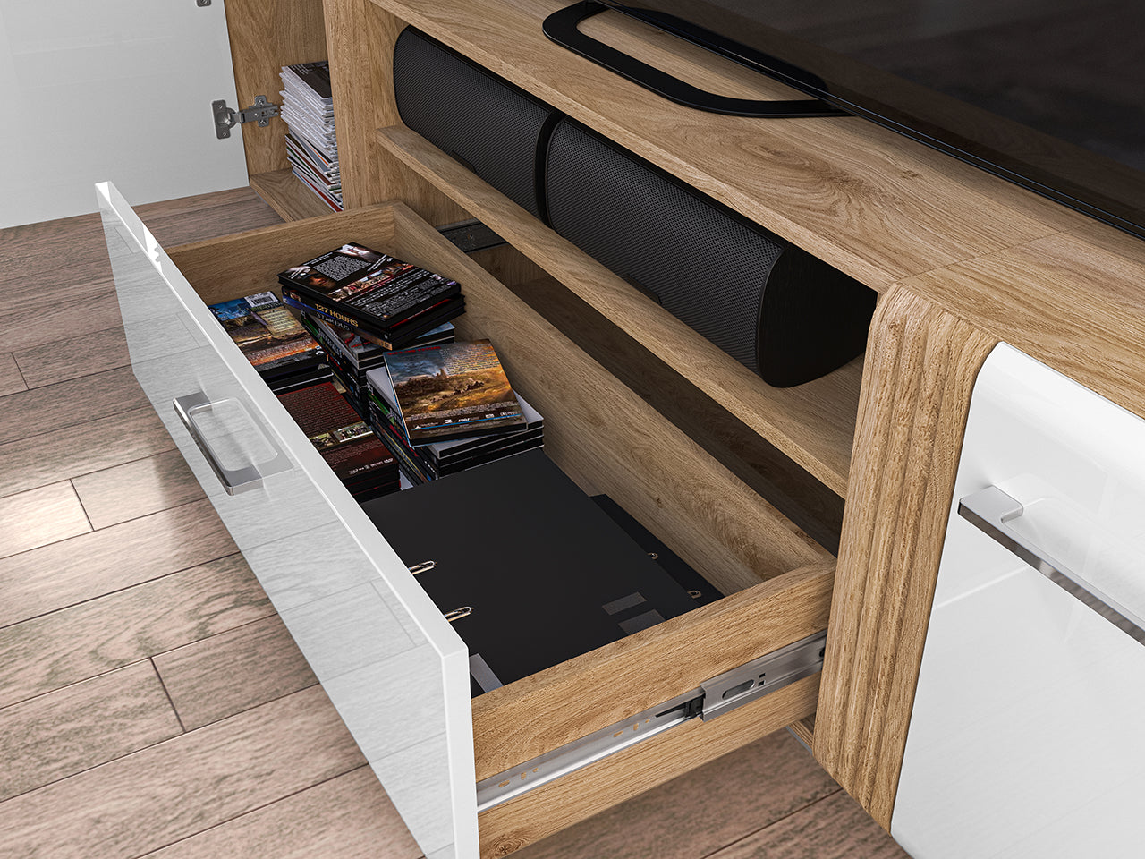 Meuble TV Chêne Castello & Blanc Brillant – Sobriété et Fonctionnalité - Decora Home