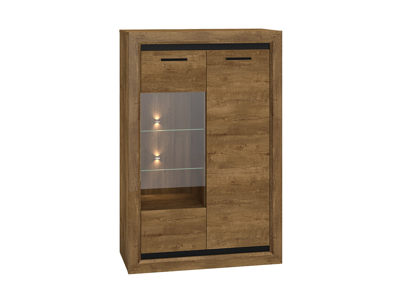 Vitrine Basse en Chêne de Lefkas et Noir – Style Industriel, Fonction Réversible et Éclairage LED en Option|Offre Spéciale|Decora Home