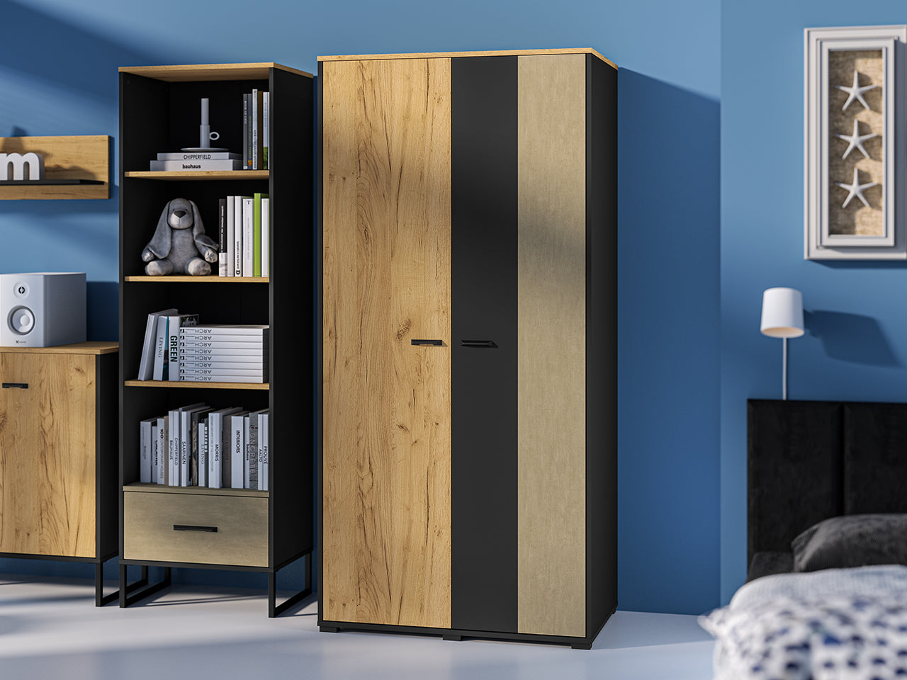Armoire de Rangement en Chêne Artisan Or et Noir – Finition Acier Premium – Hauteur 190 cm|Offre Spéciale|Decora Home