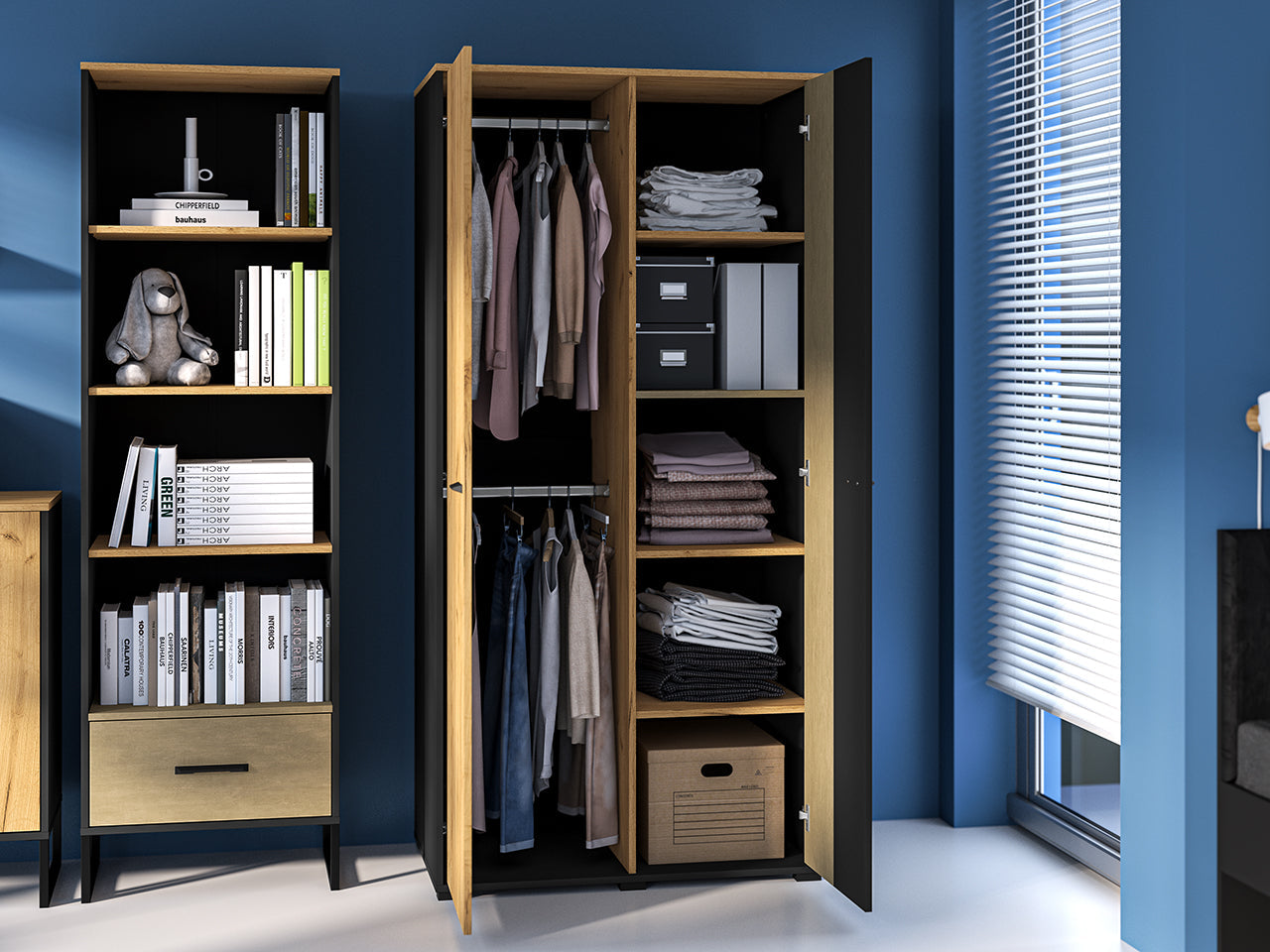 Armoire de Rangement en Chêne Artisan Or et Noir – Finition Acier Premium – Hauteur 190 cm - Decora Home