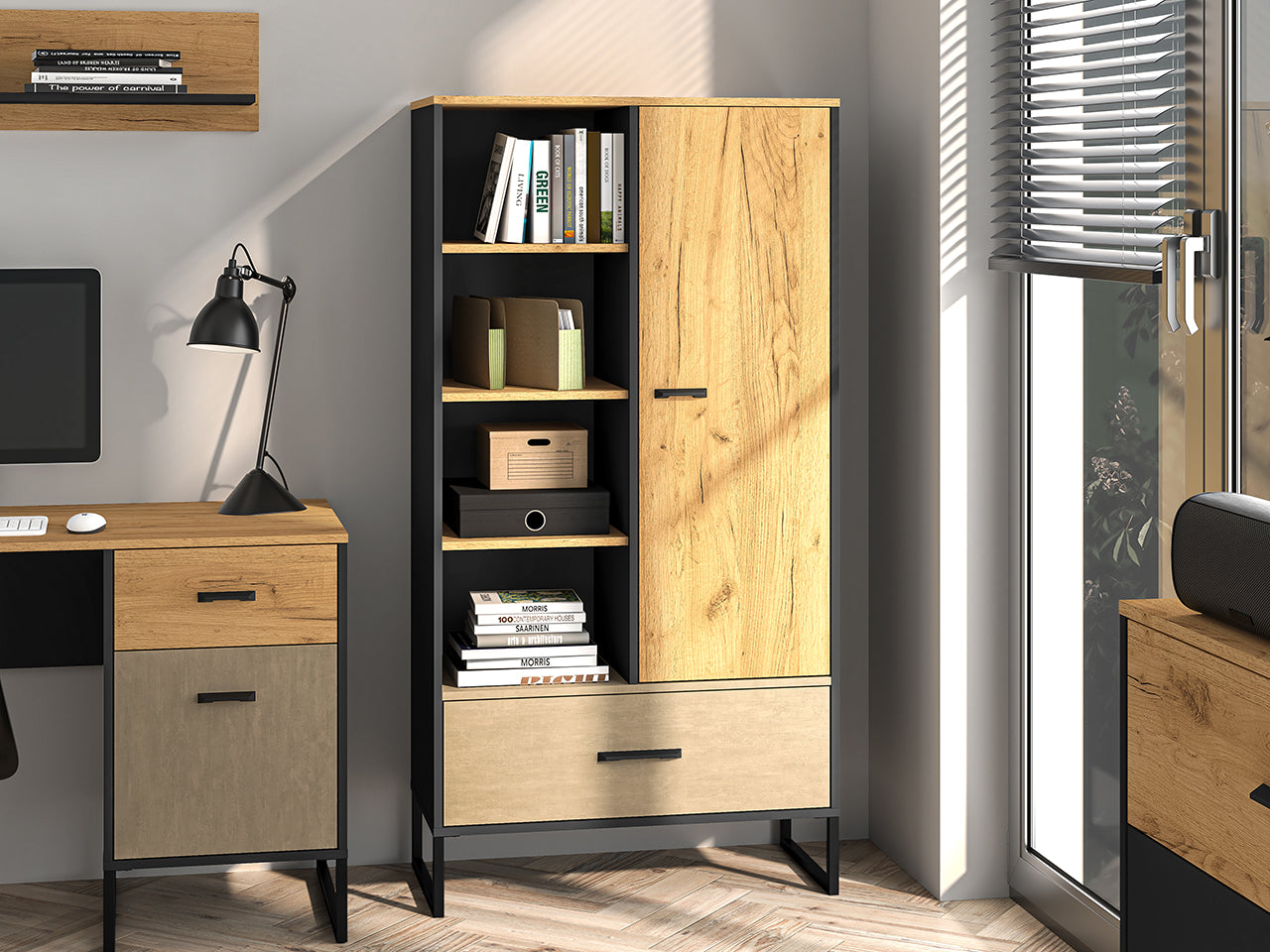 Étagère Moderne en Chêne Artisan Or et Noir – Finition Acier Premium – Tiroirs à Extension Complète – 157 cm|Offre Spéciale|Decora Home