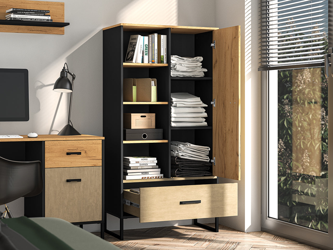 Étagère Moderne en Chêne Artisan Or et Noir – Finition Acier Premium – Tiroirs à Extension Complète – 157 cm - Decora Home
