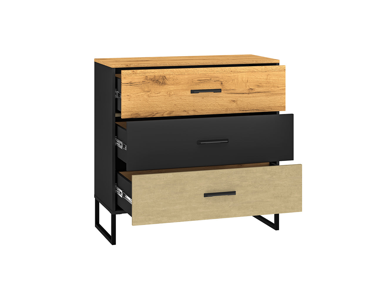 Commode, Buffet, Buffet Moderne en Chêne Artisan Or et Noir – Tiroirs Renforcés à Extension Complète – Finition Acier Premium – 91 cm - Decora Home