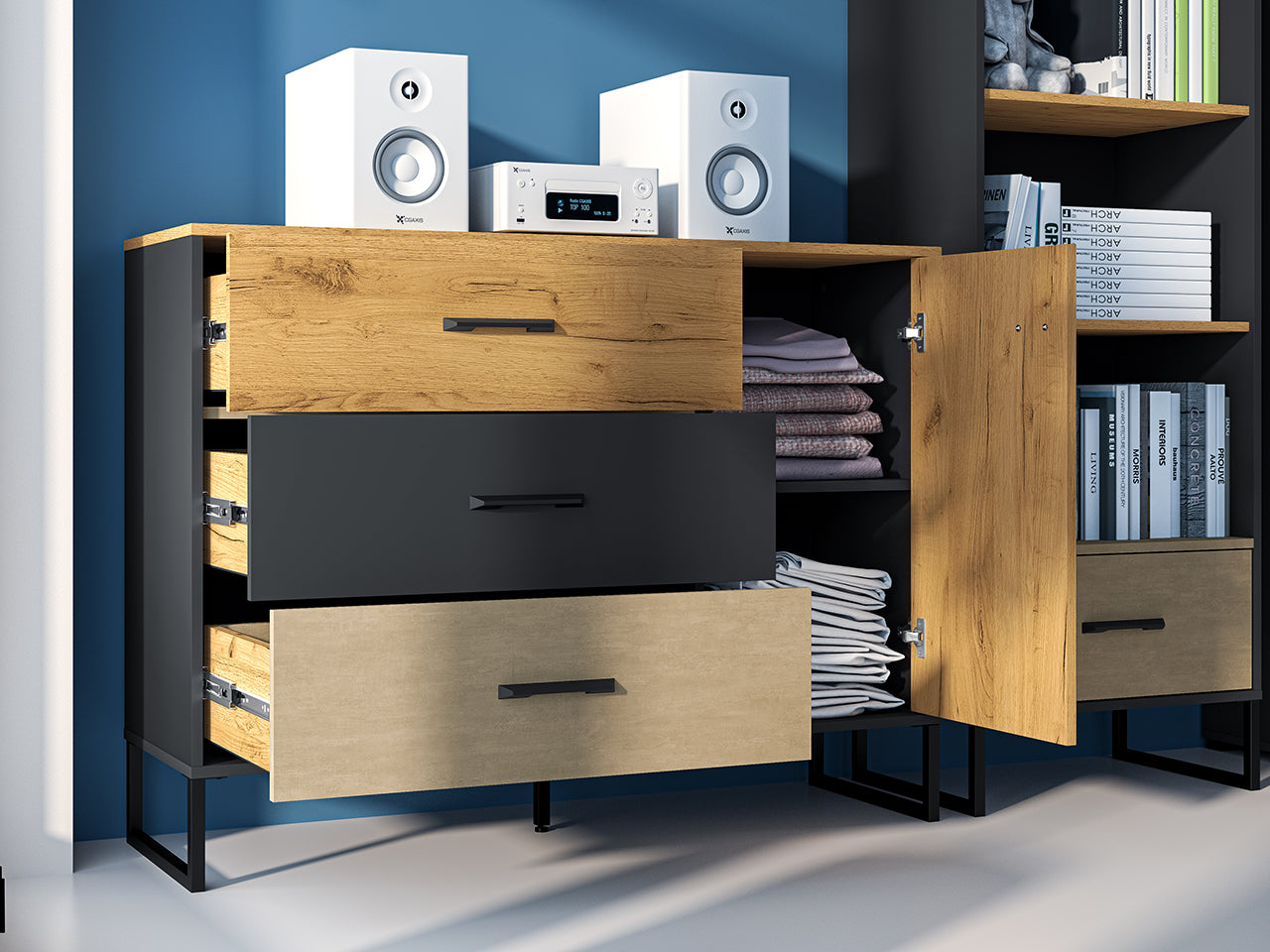Commode, Buffet, Buffet Design en Chêne Artisan Or et Noir – Tiroirs Renforcés à Extension Complète – Finition Acier Premium – 120 cm - Decora Home