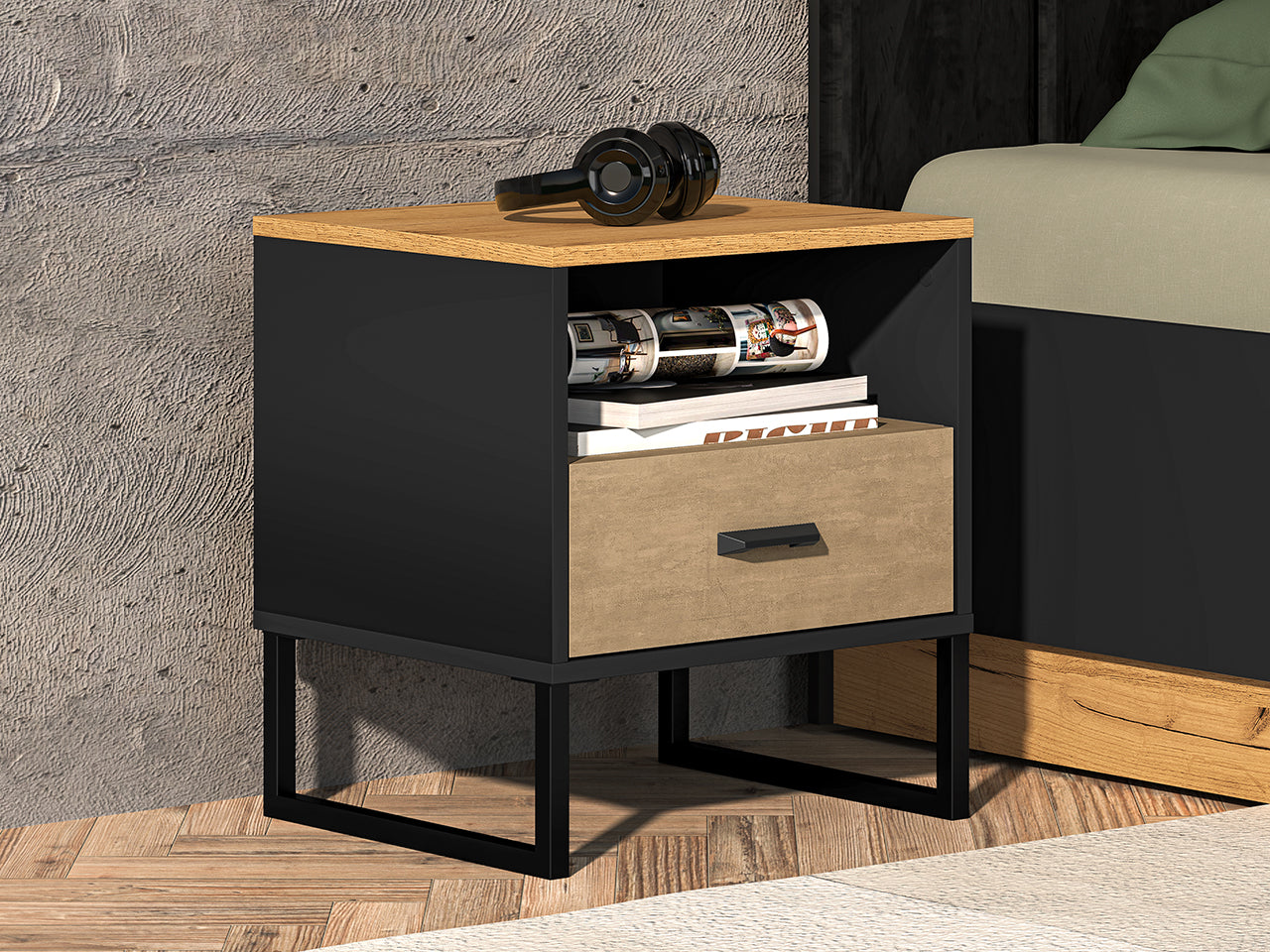 Table de Nuit Design en Chêne Artisan Or et Noir – Plateau Résistant – Finitions Acier Premium – 50 cm|Offre Spéciale|Decora Home