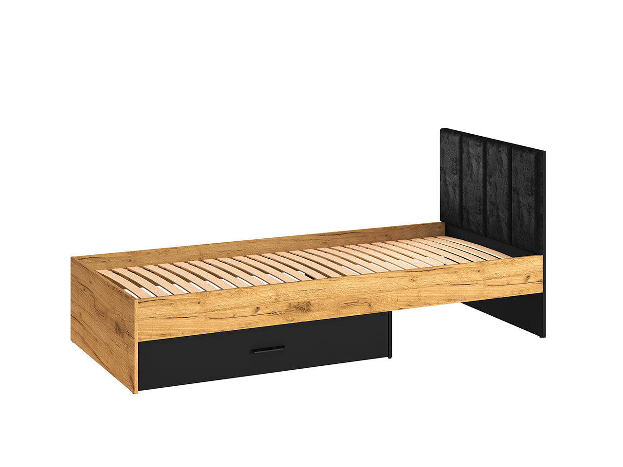 Lit en Chêne Craft Or et Noir avec Tête de Lit en Velours Noir – Design Moderne et Résistant - Decora Home
