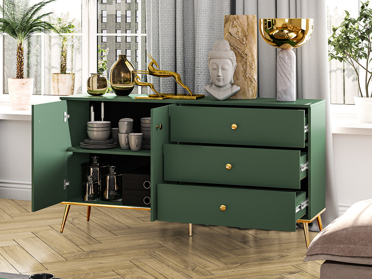 Commode, Buffet, Buffet Moderne avec Bordure ABS et Verre Trempé - Decora Home