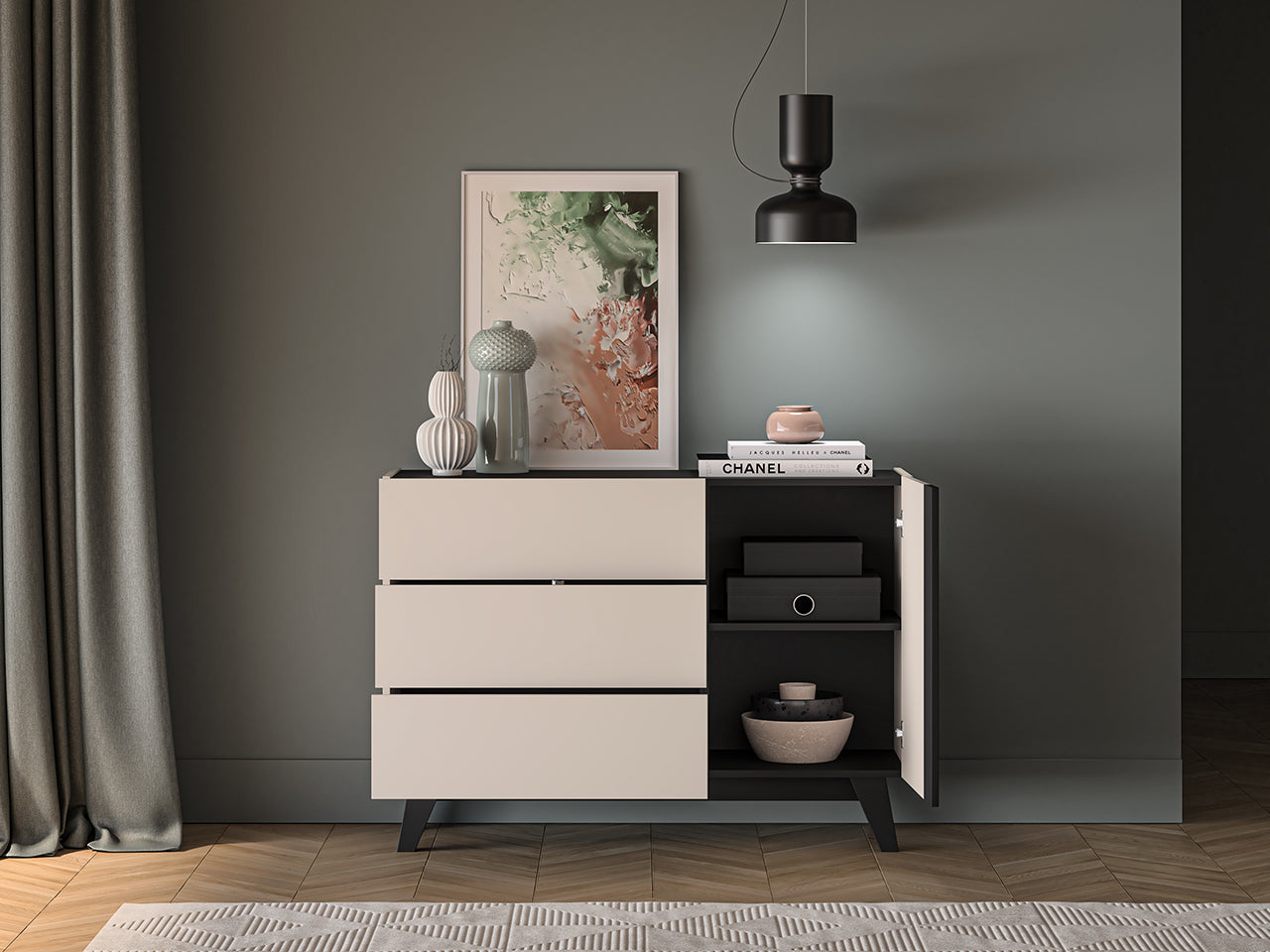 Commode, Buffet avec Tiroirs à Extension Complète et Niches Spacieuses | Cachemire et Noir - Decora Home