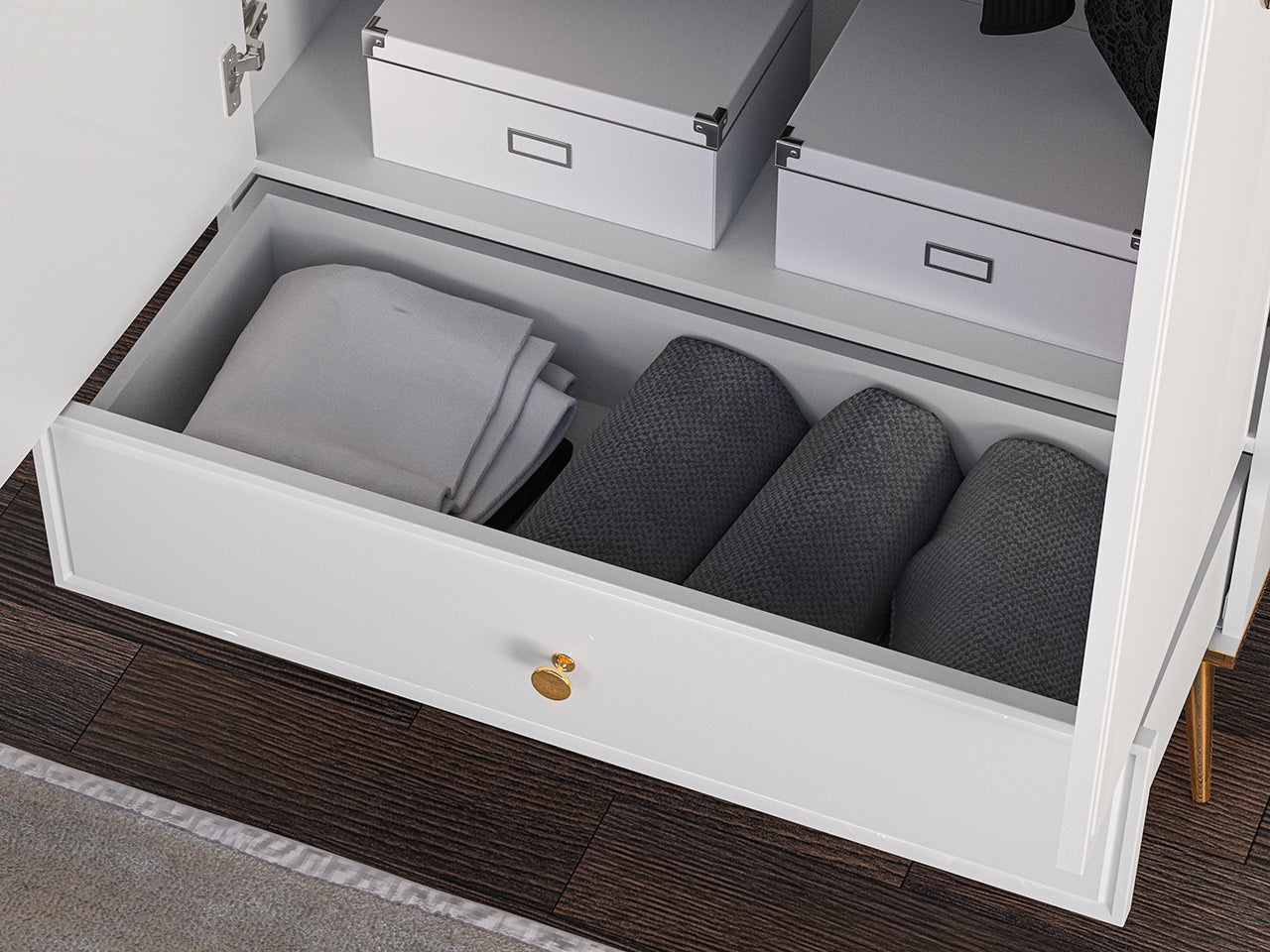 Garde-Robe en Bois Blanc Laqué Brillant avec Pieds Dorés - Decora Home