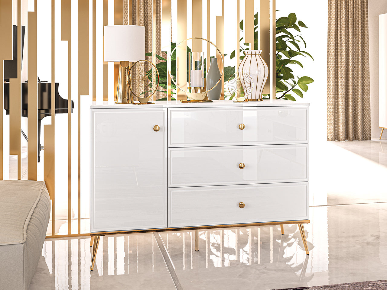 Commode, Buffet, Buffet à tiroirs à extension en blanc laqué brillant avec pieds dorés - Decora Home