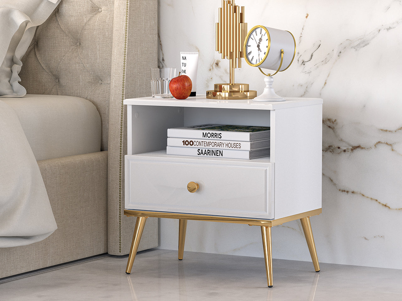 Table de Nuit Moderne Blanc Laqué Brillant avec pieds dorés - Decora Home