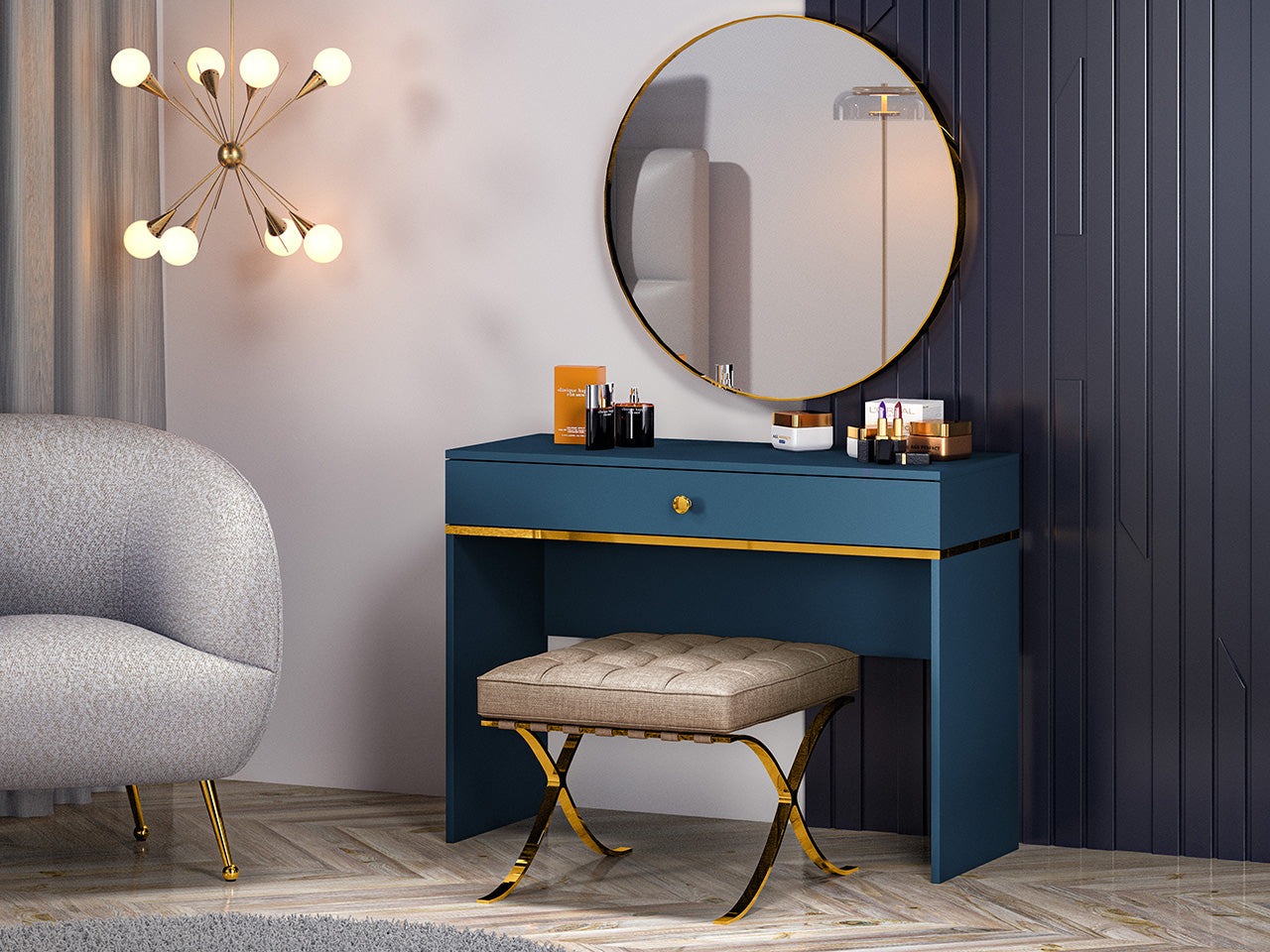 Table de Coiffure Élégante en Bleu Foncé et Labrador avec Bordure ABS - Durabilité et Design Moderne - Decora Home