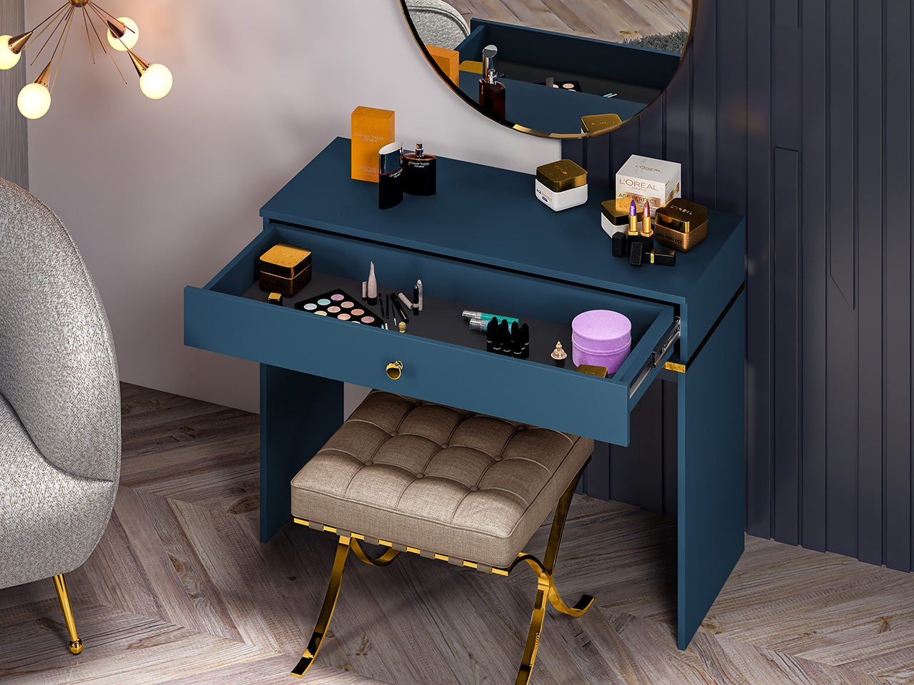 Table de Coiffure Élégante en Bleu Foncé et Labrador avec Bordure ABS - Durabilité et Design Moderne - Decora Home