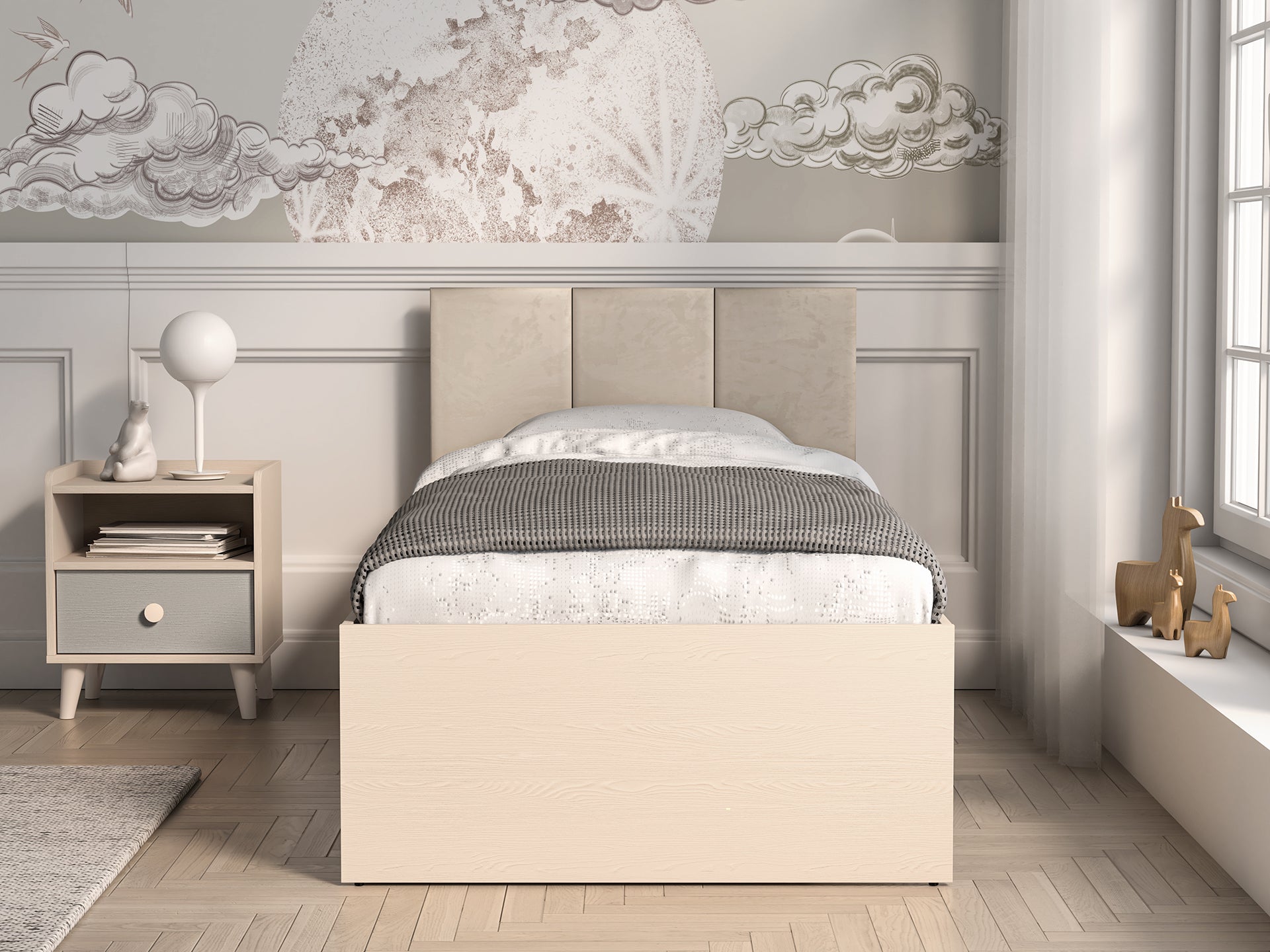 Lit enfant Moderne avec Tête de Lit en Velours Beige et Structure en Sable du Désert – Design Élégant et Confort Assuré - Decora Home