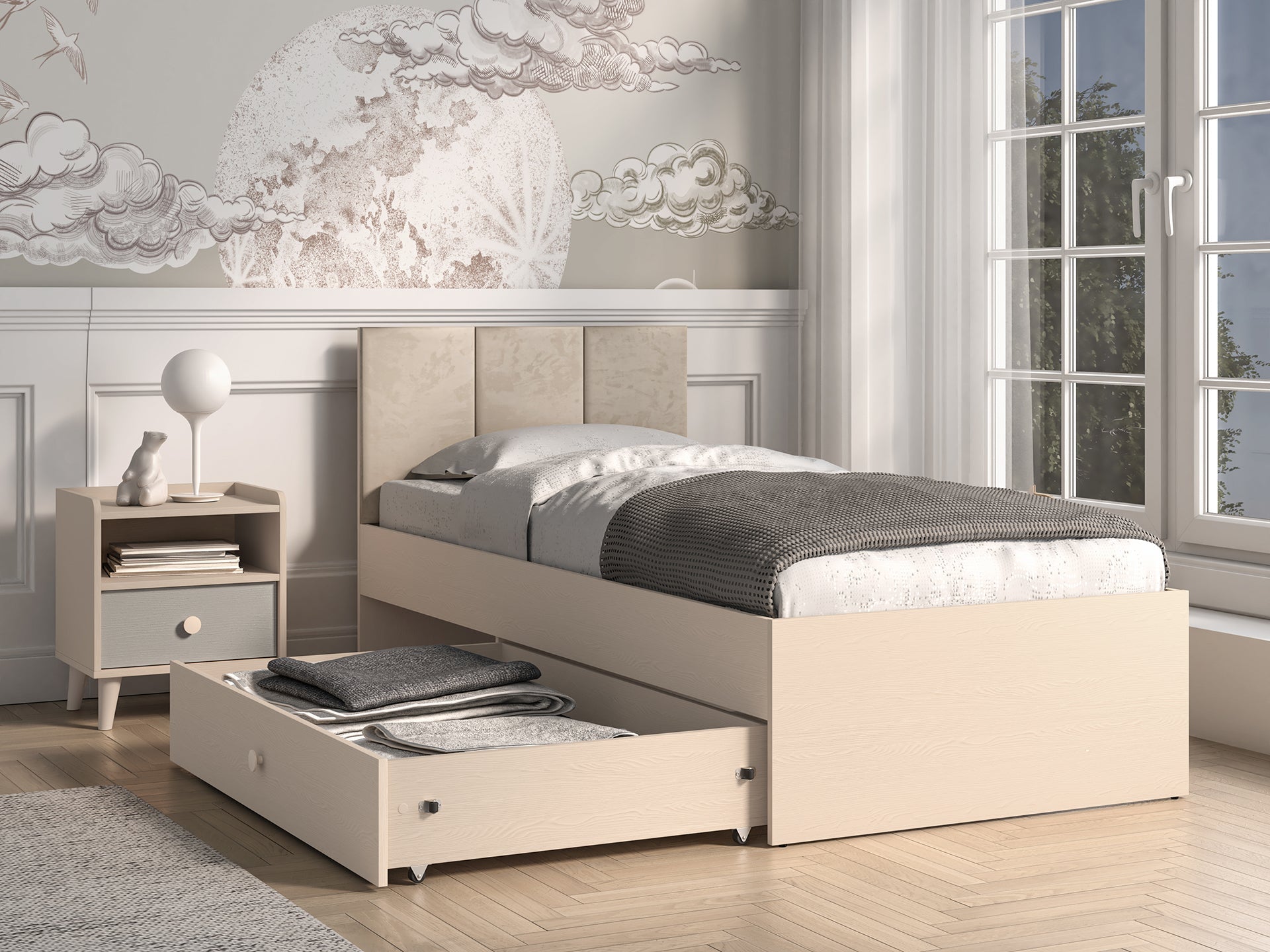 Lit enfant Moderne avec Tête de Lit en Velours Beige et Structure en Sable du Désert – Design Élégant et Confort Assuré - Decora Home