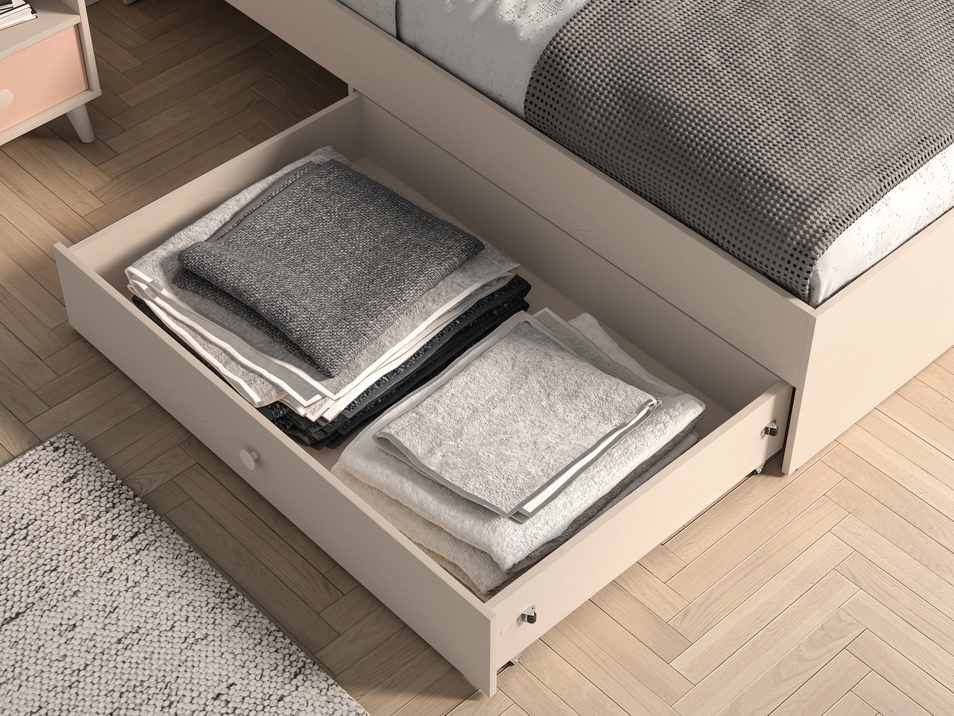 Lit enfant Moderne avec Tête de Lit en Velours Beige et Structure en Sable du Désert – Design Élégant et Confort Assuré - Decora Home