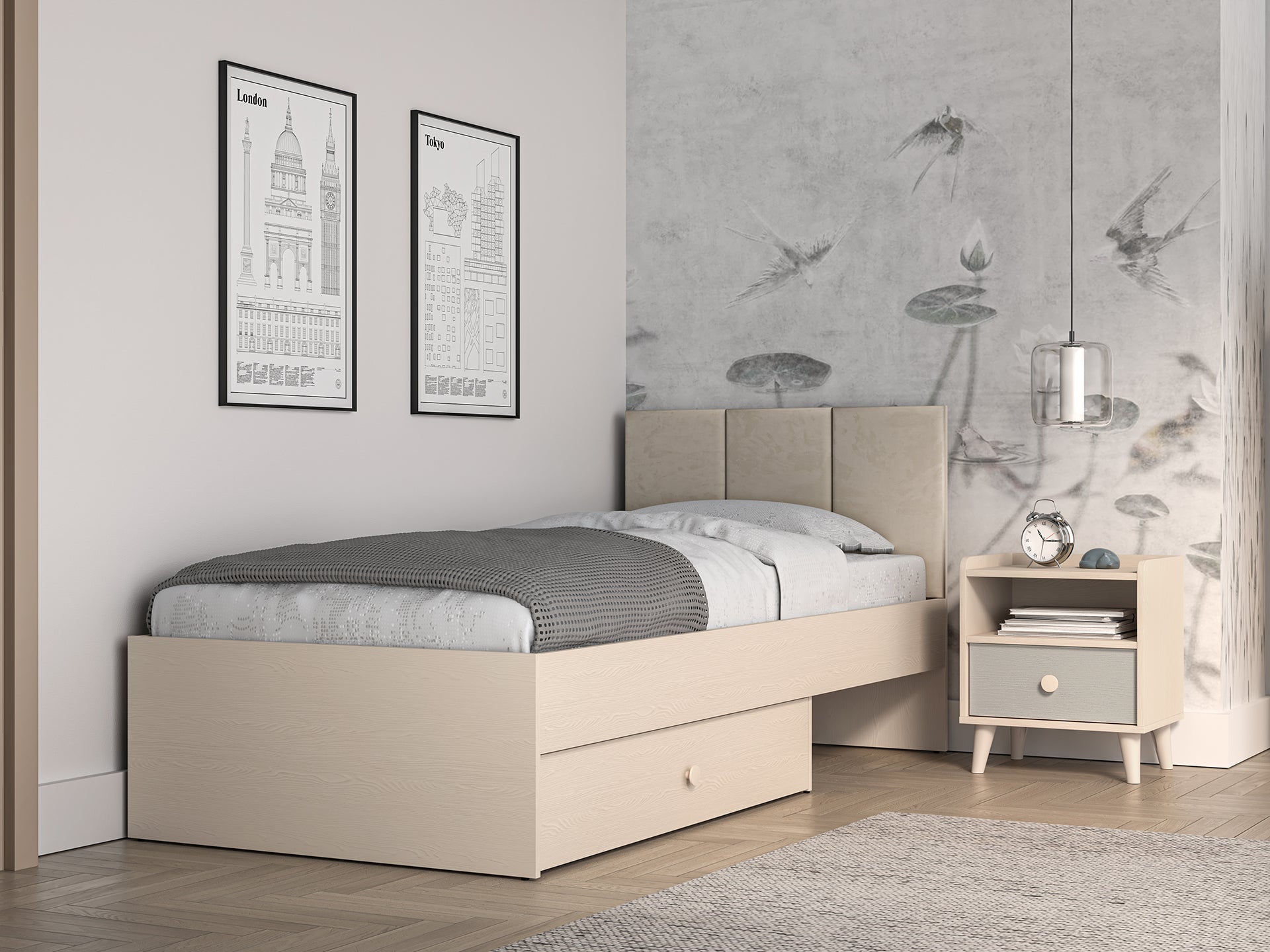 Lit enfant Moderne avec Tête de Lit en Velours Beige et Structure en Sable du Désert – Design Élégant et Confort Assuré - Decora Home