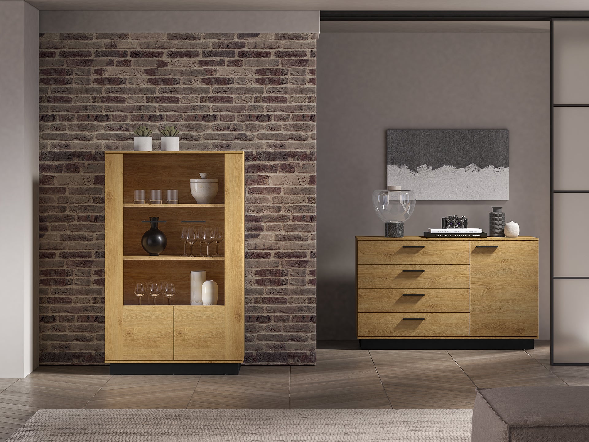 Vitrine  en Chêne Élégant avec Base Noire - Design Moderne et Sécurité Renforcée - Decora Home