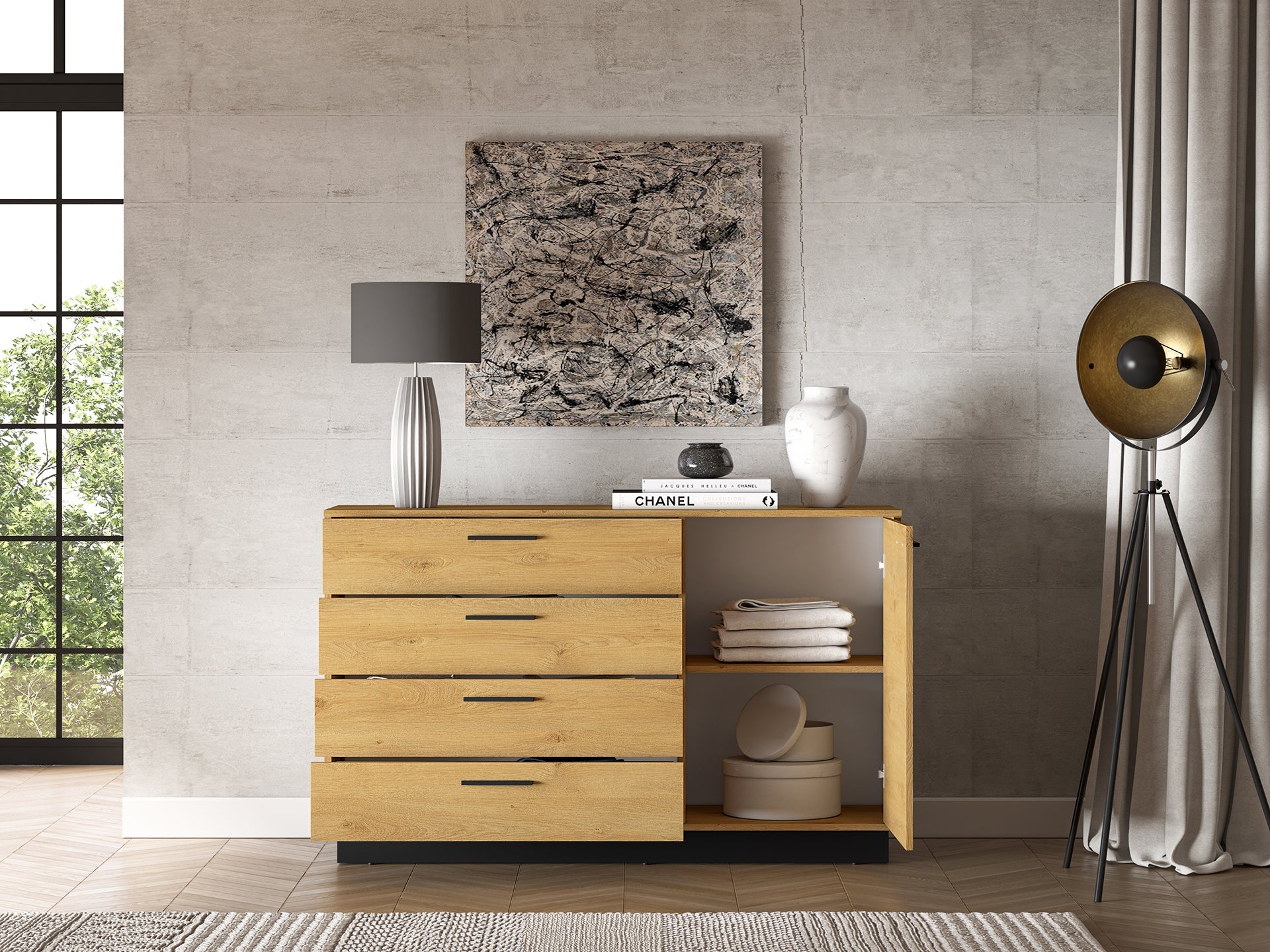 Commode, Buffet, Buffet en Chêne Élégant avec Base Noire - Style Moderne et Grande Capacité - Decora Home