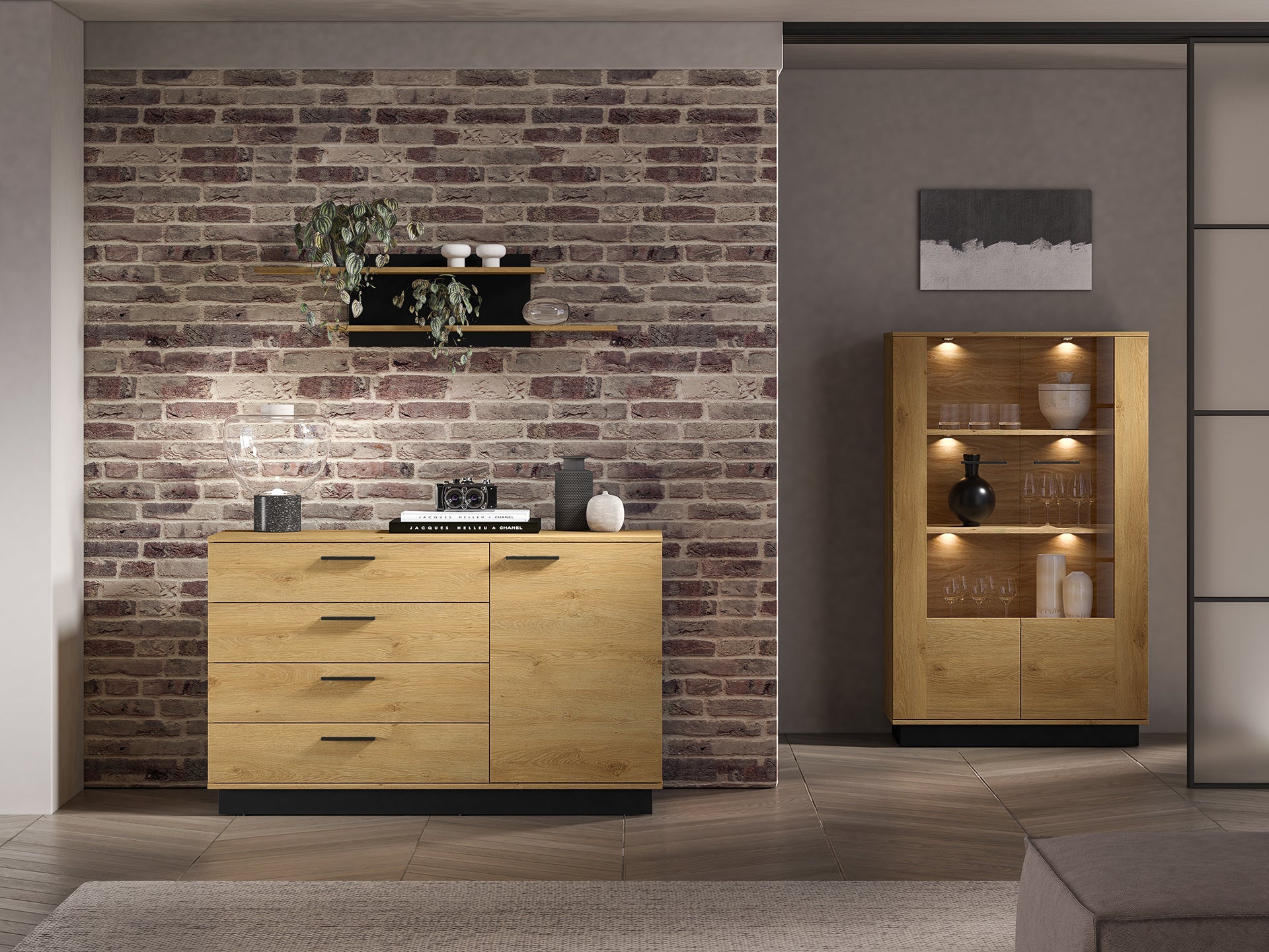 Commode, Buffet, Buffet en Chêne Élégant avec Base Noire - Style Moderne et Grande Capacité - Decora Home