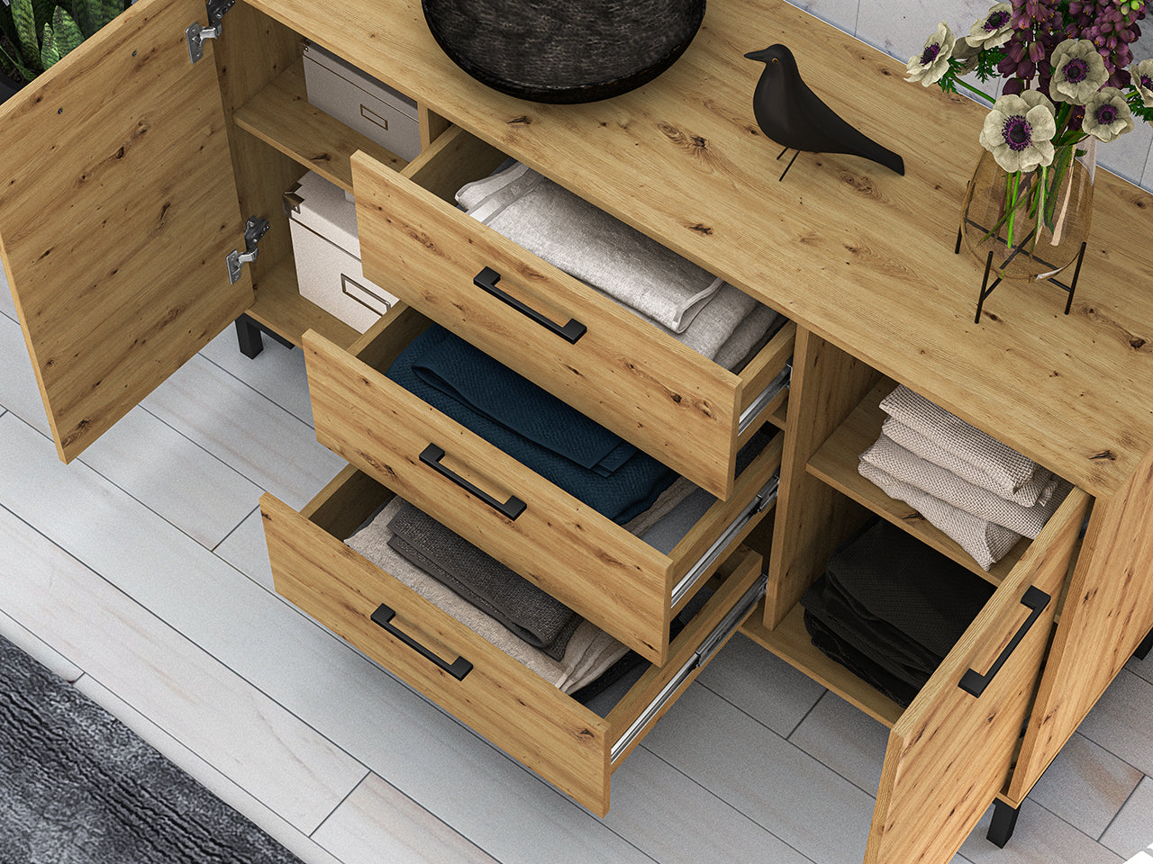 Commode, Buffet, Buffet bas en chêne artisanal – 3 portes, style contemporain et finition robuste - Decora Home