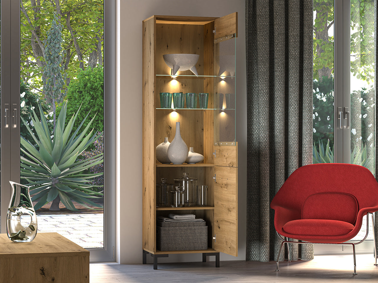 Vitrine haute en chêne artisanal – Modularité droite/gauche & éclairage LED en option - Decora Home