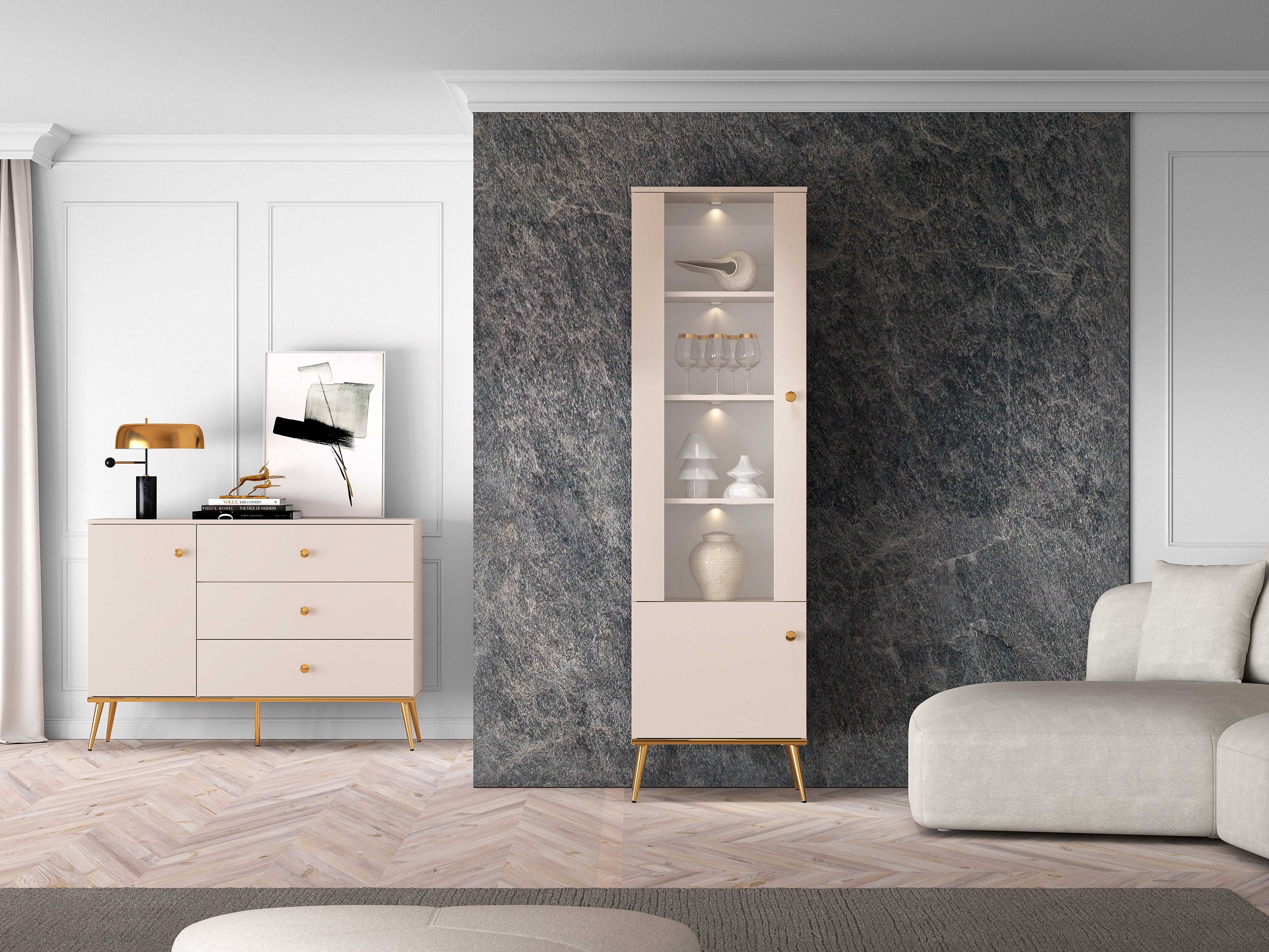 Vitrine - Élégance Moderne en Cachemire avec Pieds Dorés - Decora Home