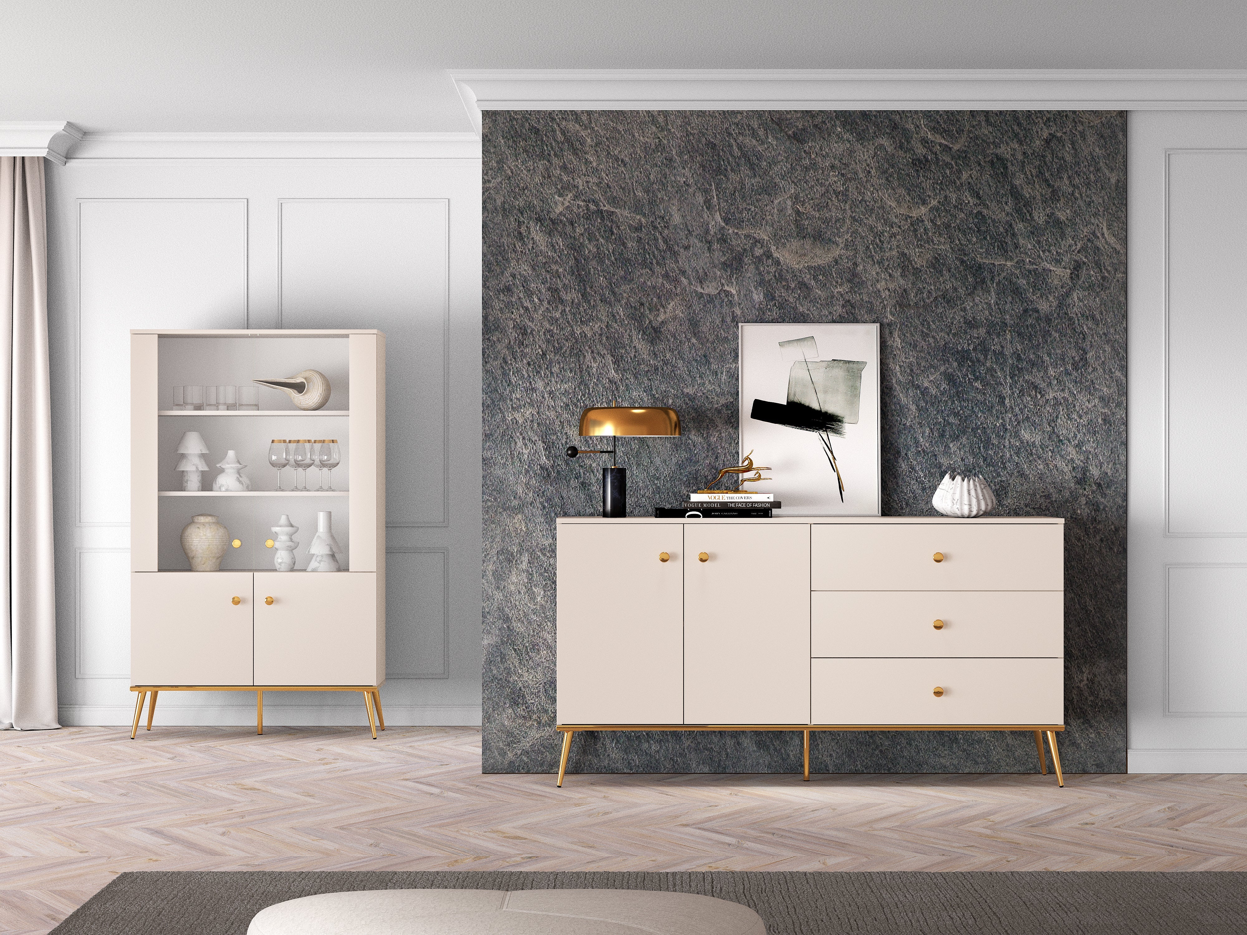 Grande Commode, Buffet  - Design Cachemire avec Tiroirs Profonds et Pieds Dorés - Decora Home