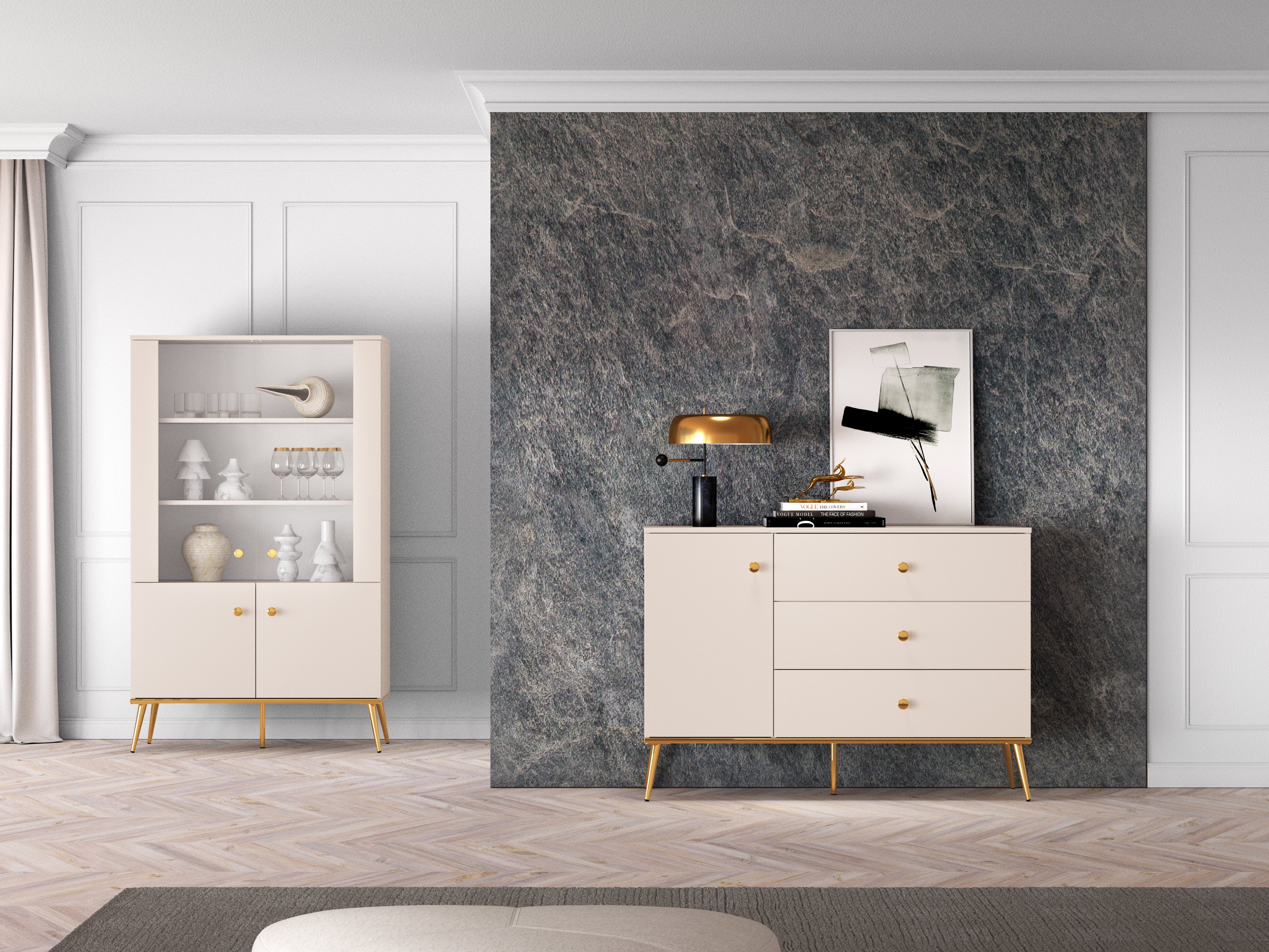 Commode, Buffet  - Design Cachemire avec Tiroirs Profonds et Pieds Dorés - Decora Home