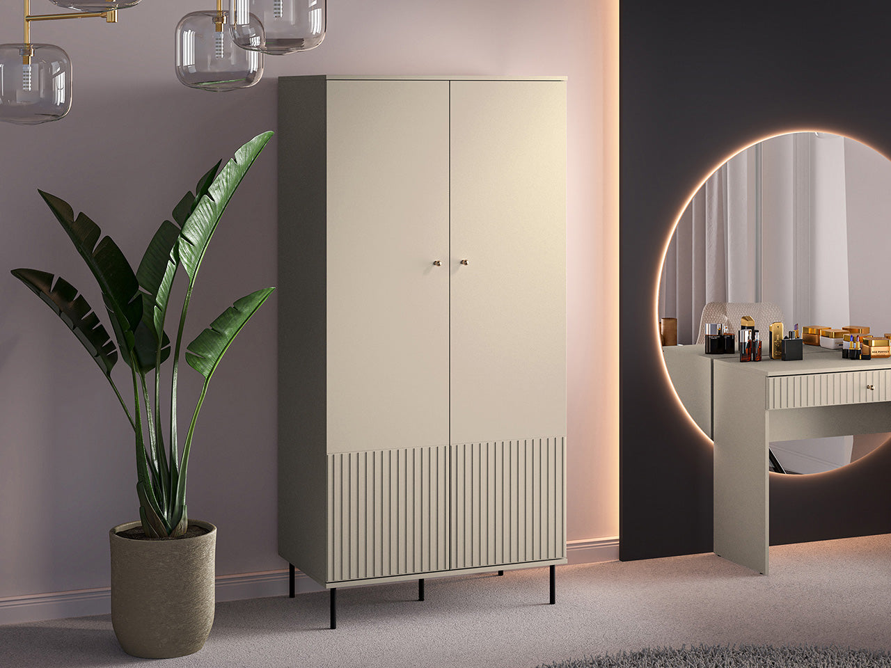 Armoire en MDF Cachemire avec Barre de Suspension & Finitions en Or Brossé|Offre Limitée|Decora Home