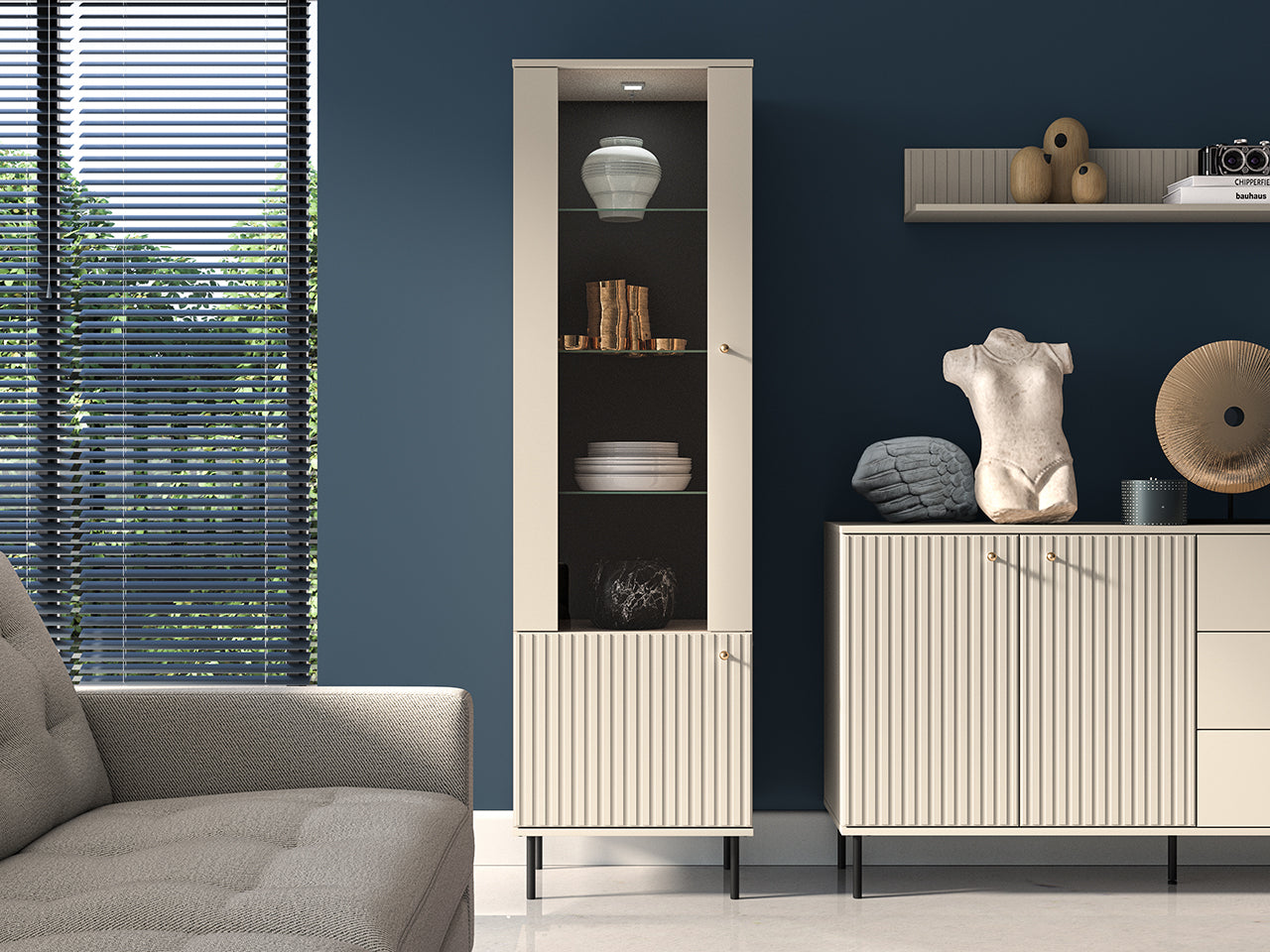 Vitrine Sofina avec MDF Cachemire & Finitions en Or Brossé|Offre Limitée|Decora Home