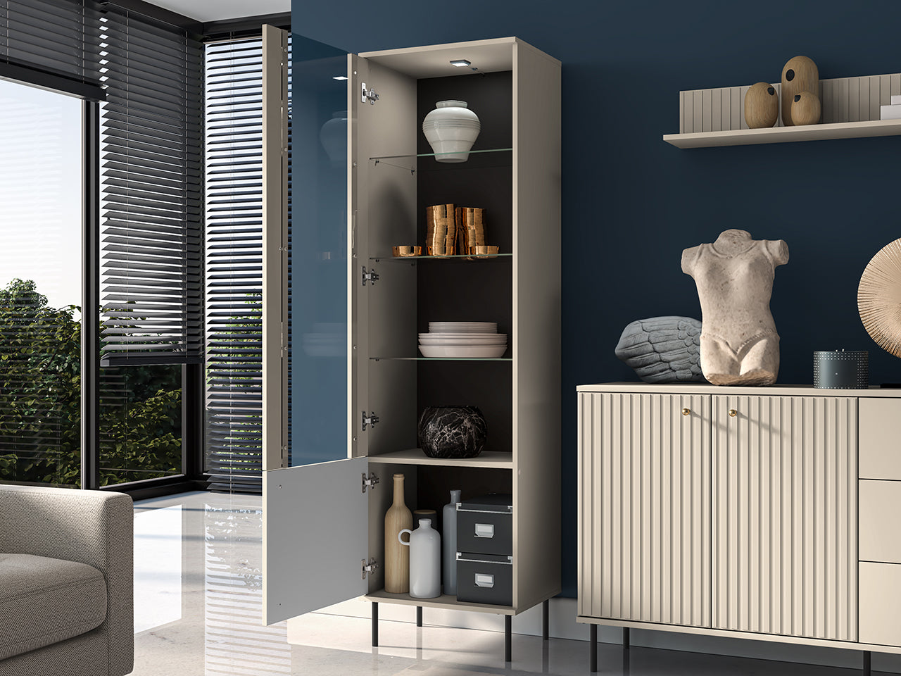 Vitrine Sofina avec MDF Cachemire & Finitions en Or Brossé - Decora Home