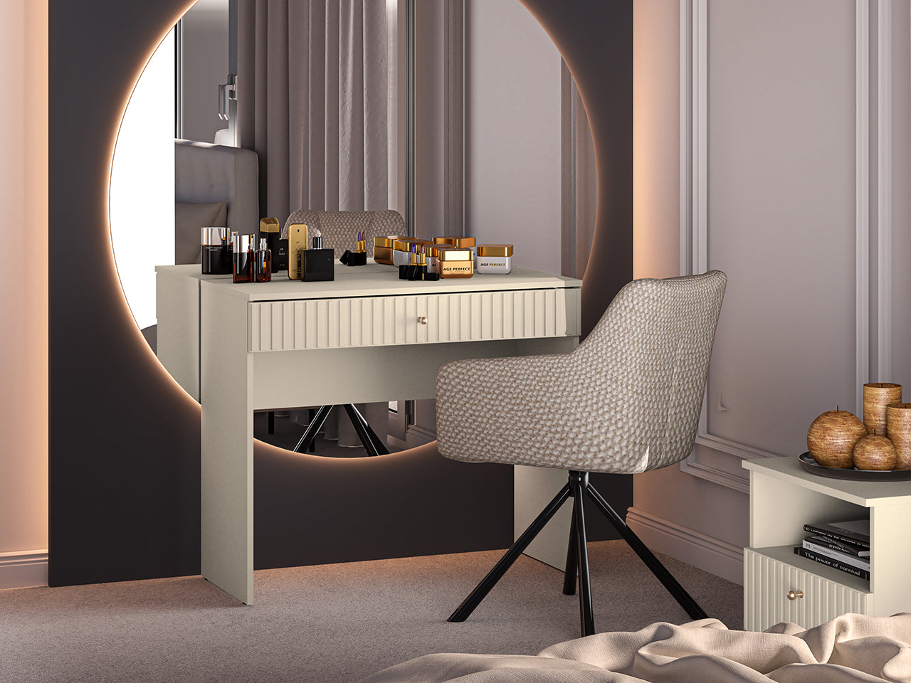Coiffeuse Sofina en MDF Cachemire avec Tiroir Spacieux et Pieds Métalliques Noirs|Offre Limitée|Decora Home