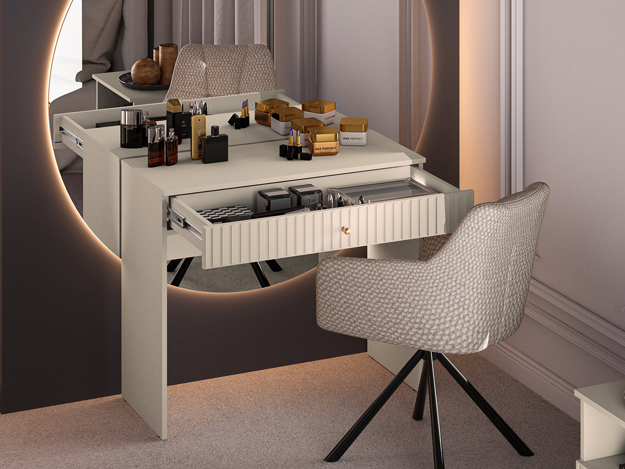 Coiffeuse Sofina en MDF Cachemire avec Tiroir Spacieux et Pieds Métalliques Noirs - Decora Home