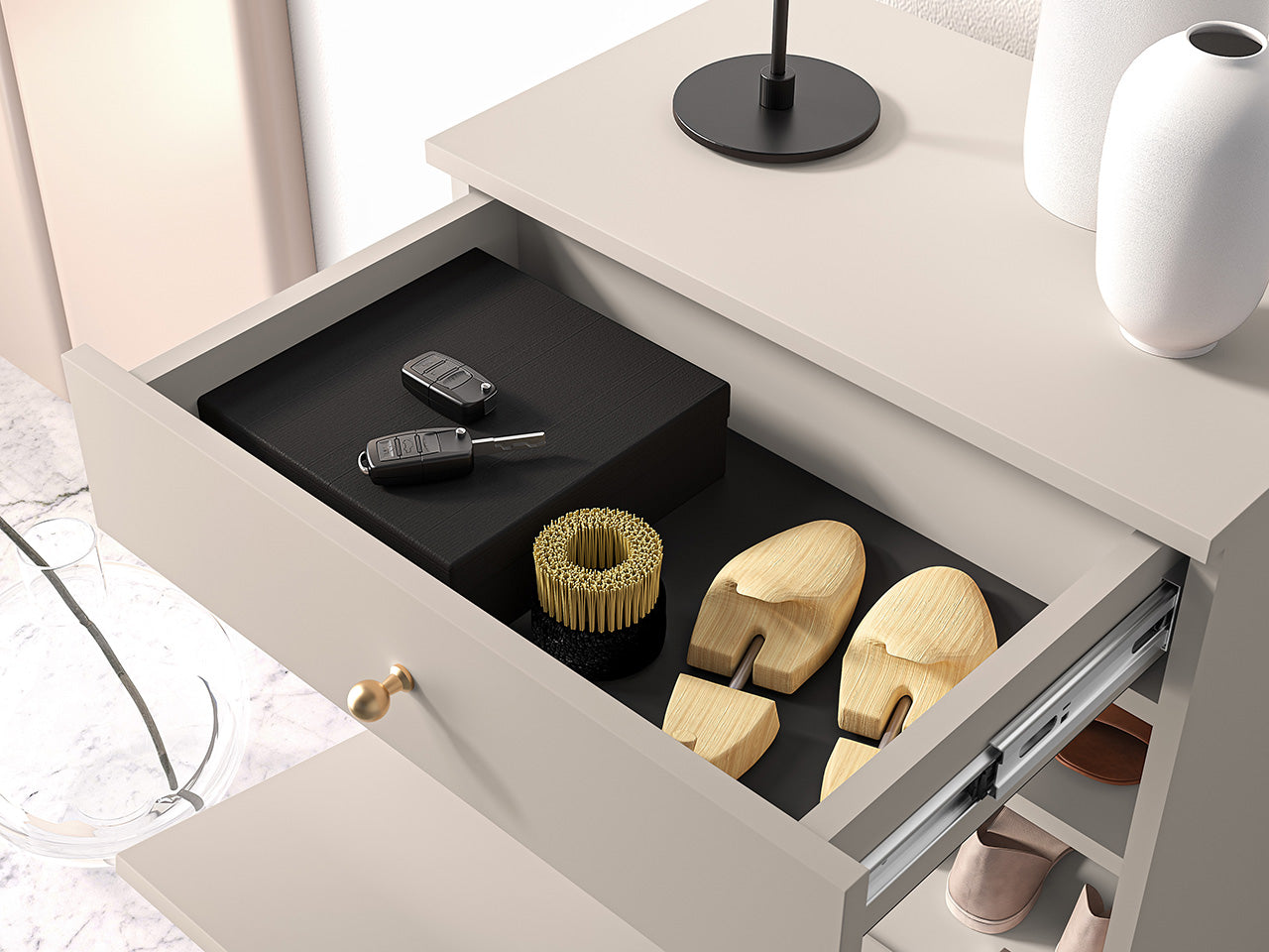 Meuble à Chaussures en MDF Cachemire avec Tiroir à Extension Complète et Rabats Pratiques - Decora Home