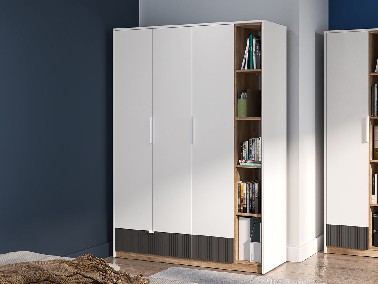 Garde robe enfant moderne avec bordures en ABS – Grande capacité, ouverture à extension complète et design élégant en blanc et chêne Castello|Offre Spéciale|Decora Home