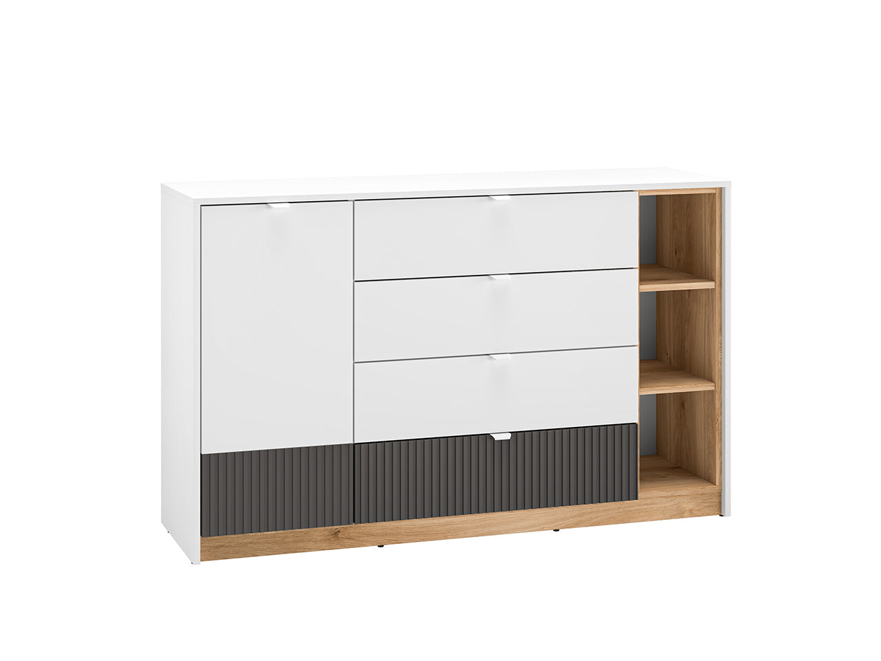 Commode, Buffet enfant moderne avec tiroirs à extension complète – Blanc, Graphite Mat & Chêne Castello - Decora Home