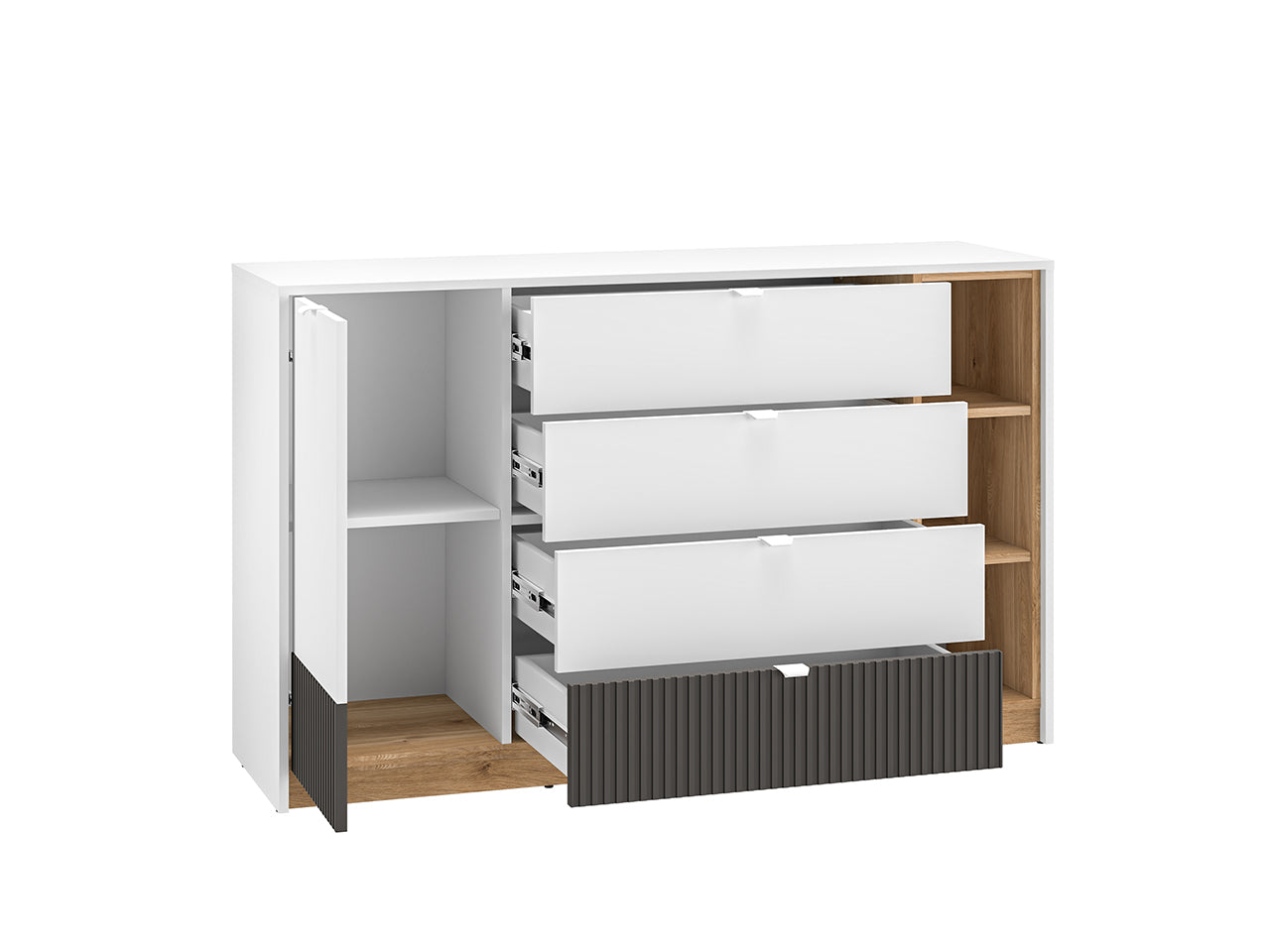 Commode, Buffet enfant moderne avec tiroirs à extension complète – Blanc, Graphite Mat & Chêne Castello - Decora Home