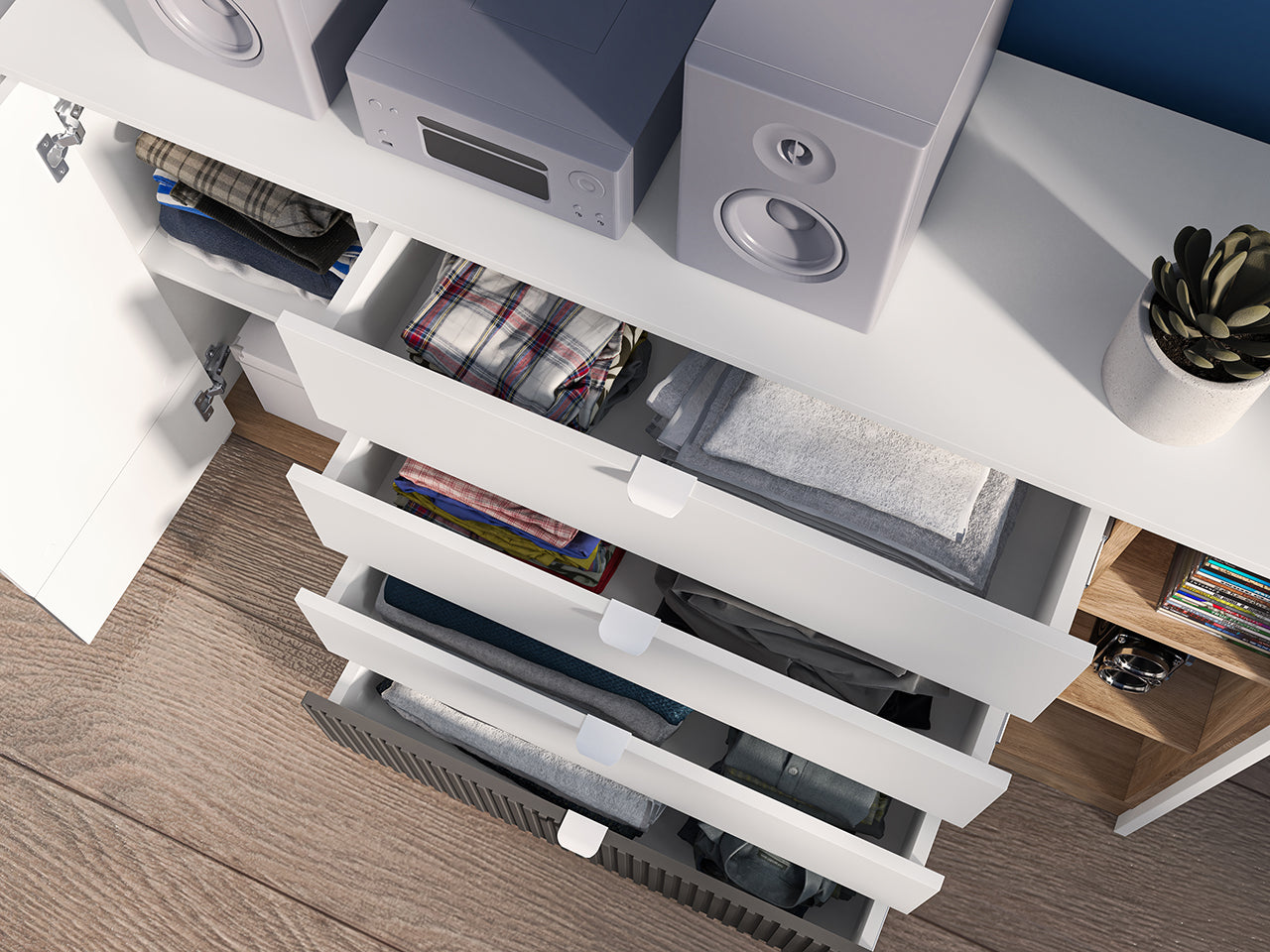 Commode, Buffet enfant moderne avec tiroirs à extension complète – Blanc, Graphite Mat & Chêne Castello - Decora Home